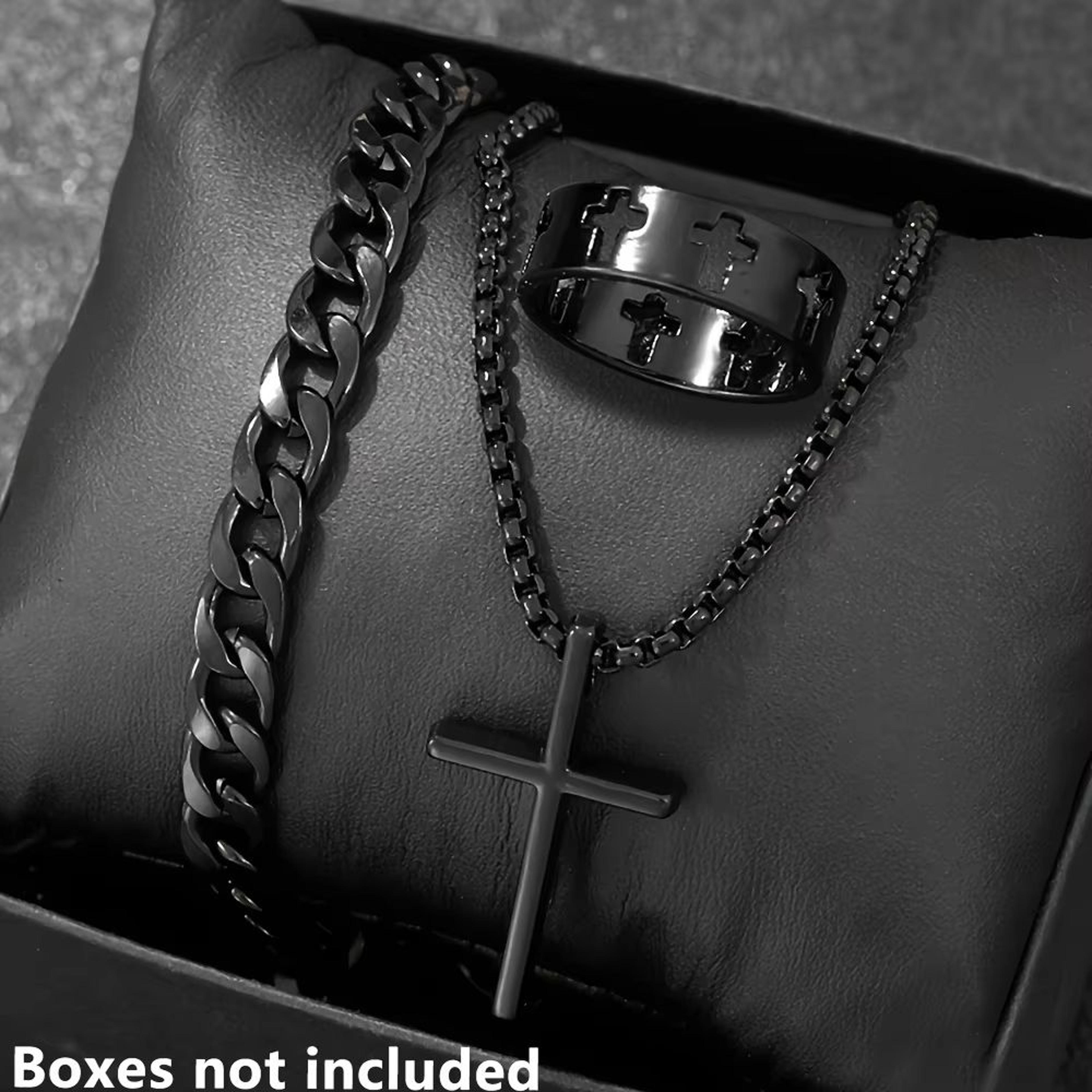 Mens Cross Jewelry Set Necklace Bracelet And Ring Fashion Alloy Christian Gift 0