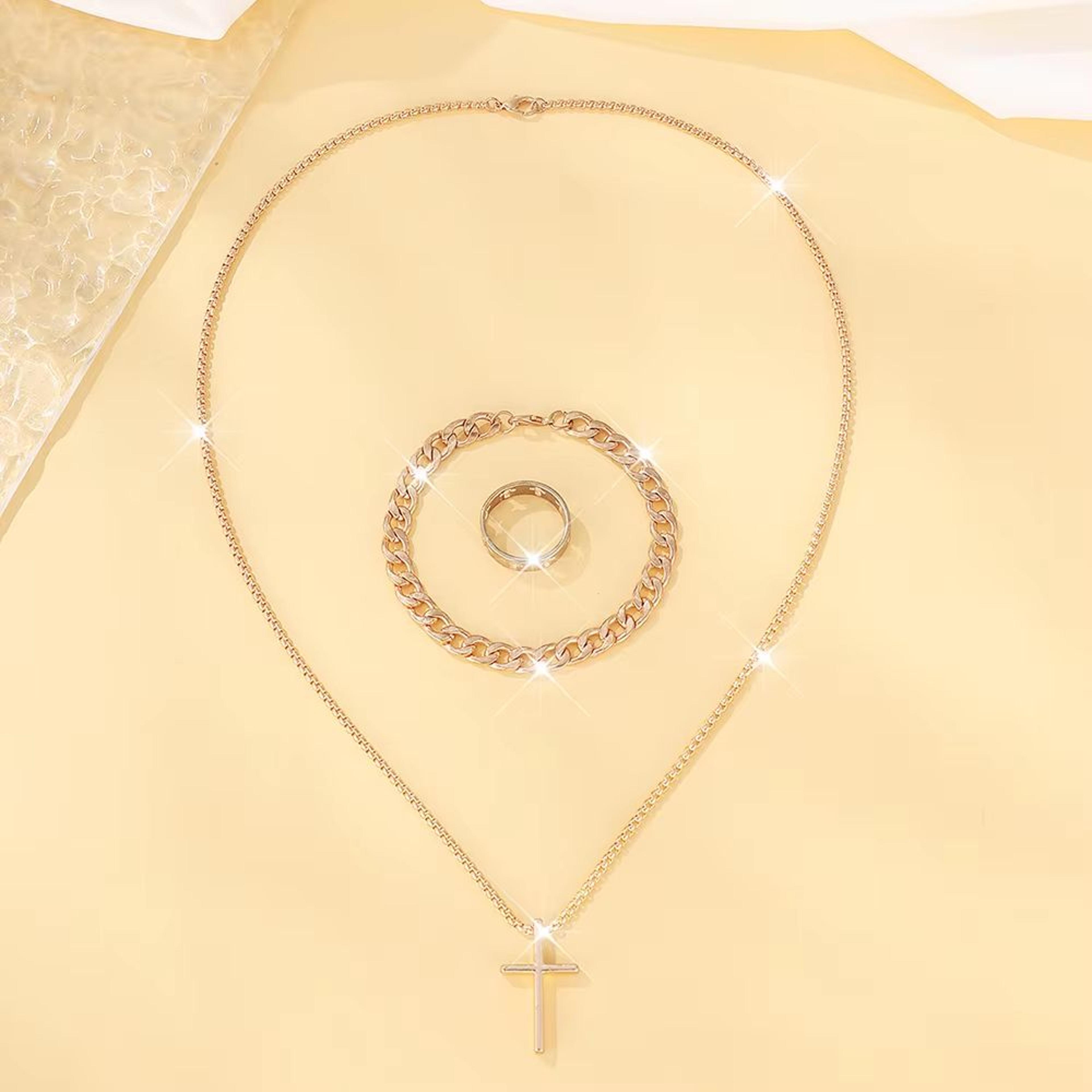Mens Cross Jewelry Set Necklace Bracelet And Ring Fashion Alloy Christian Gift 9