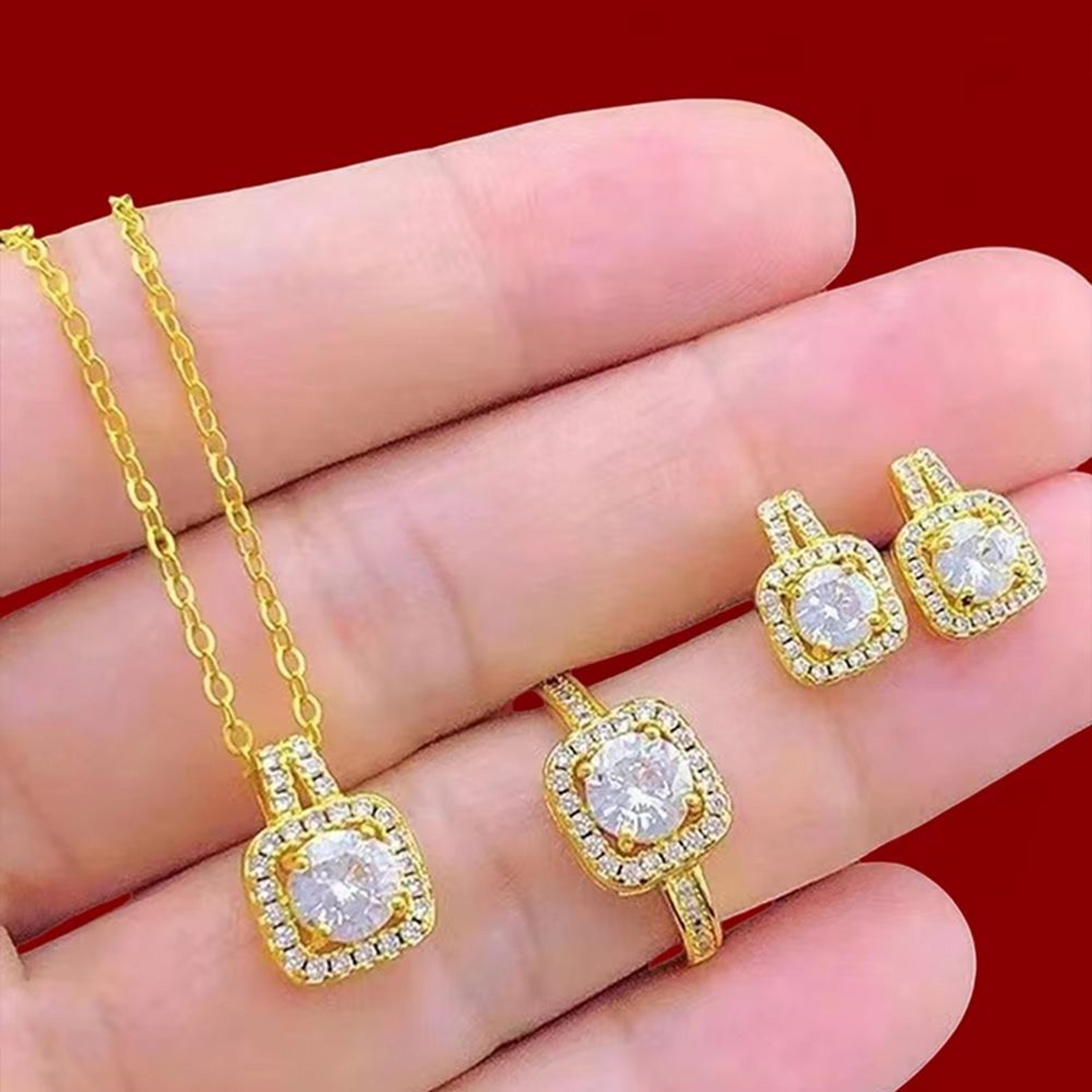 Luxury Cube Necklace Earrings And Ring Jewelry Set For Women 6