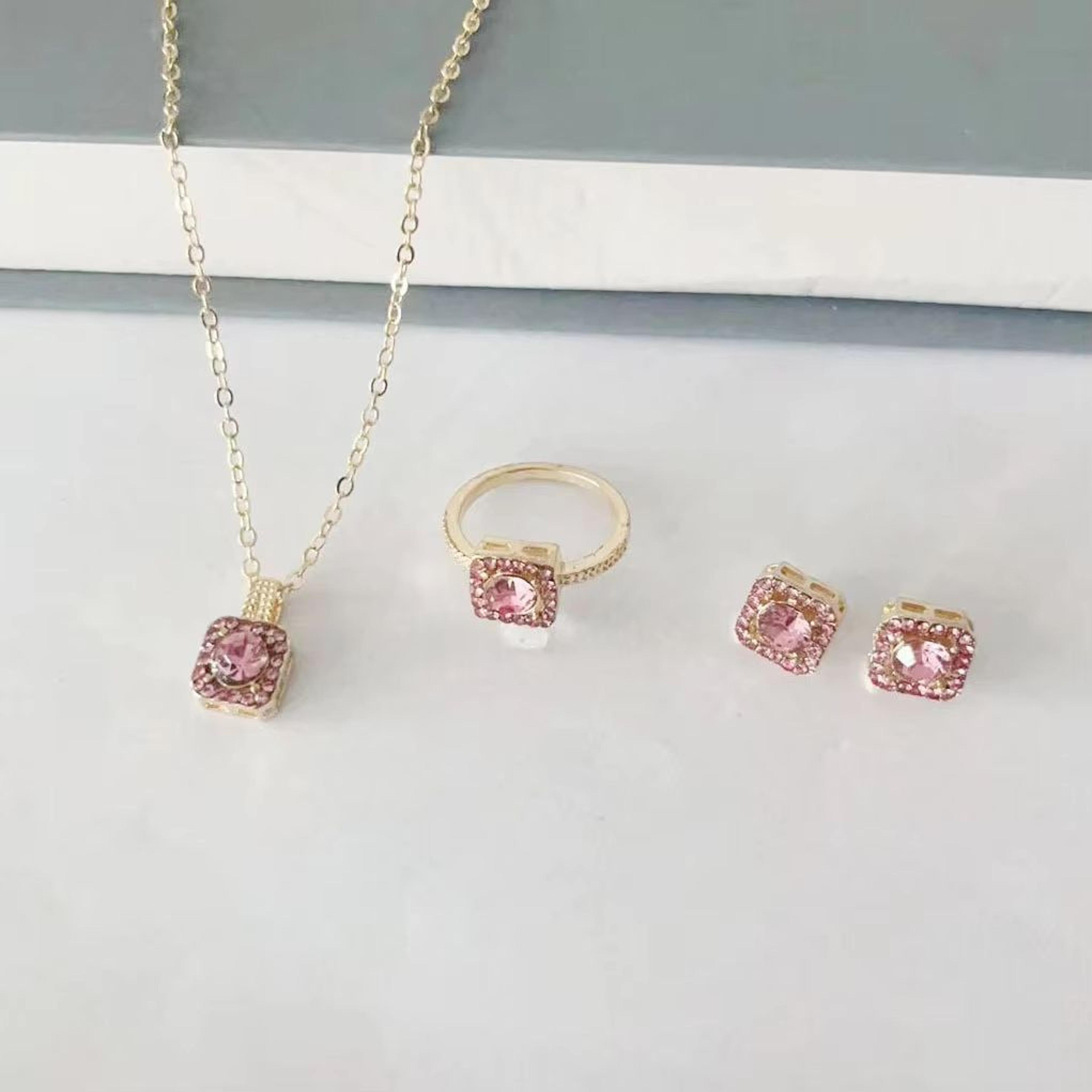 Luxury Cube Necklace Earrings And Ring Jewelry Set For Women 7