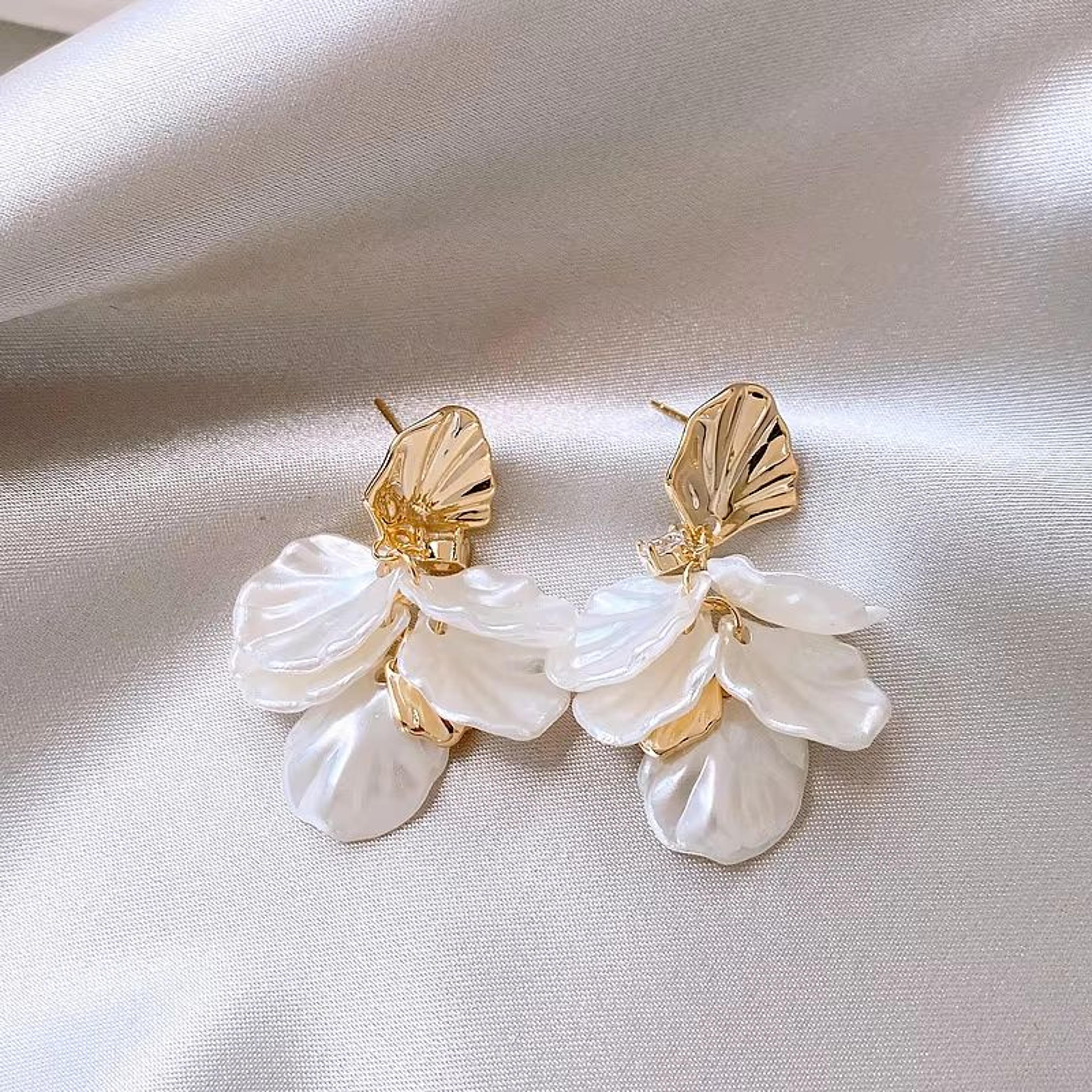 Gold Petal Tassel Imitation Shell Earrings For Women 5