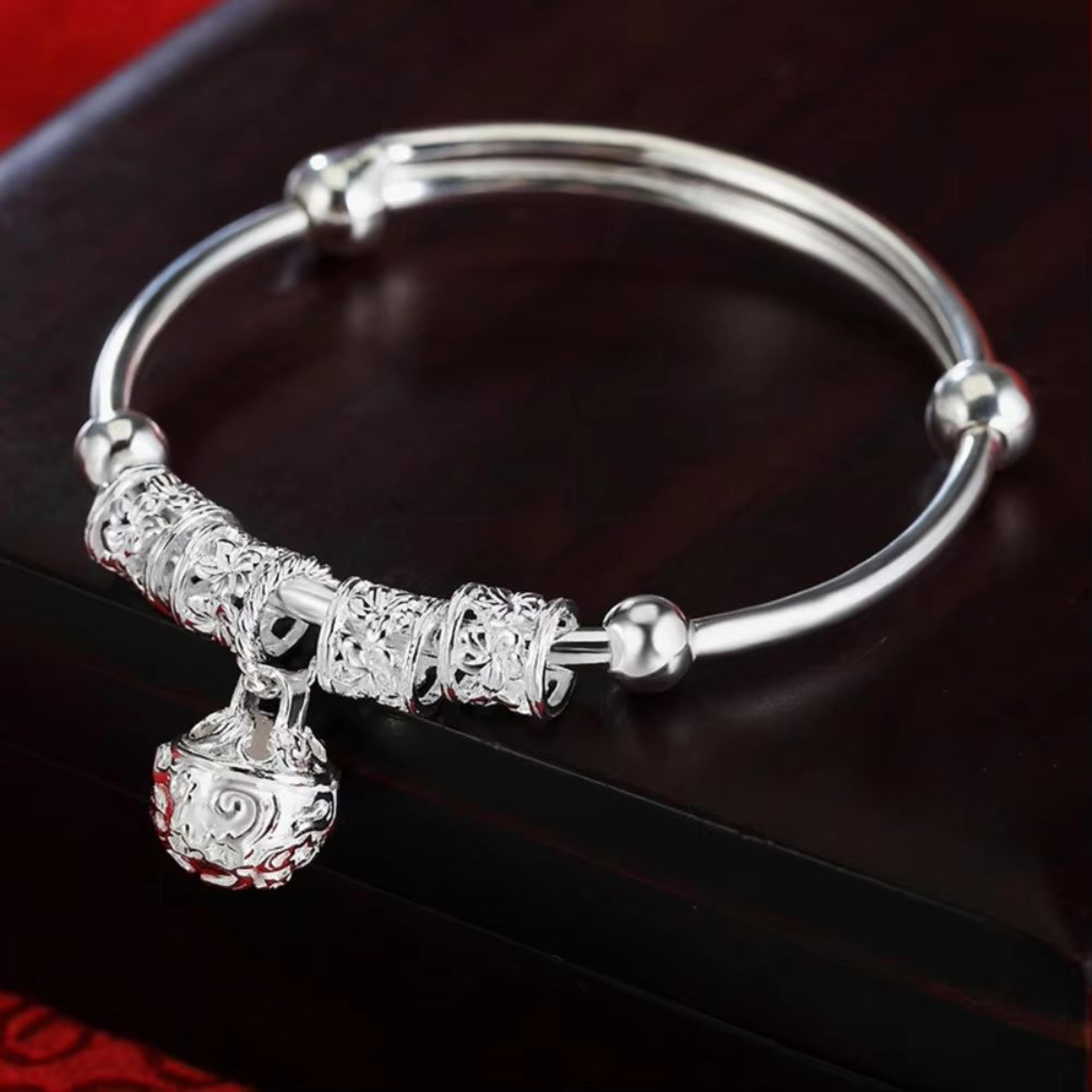 Fine Silver Hollow Bells Adjustable Bangle Bracelet For Women 1