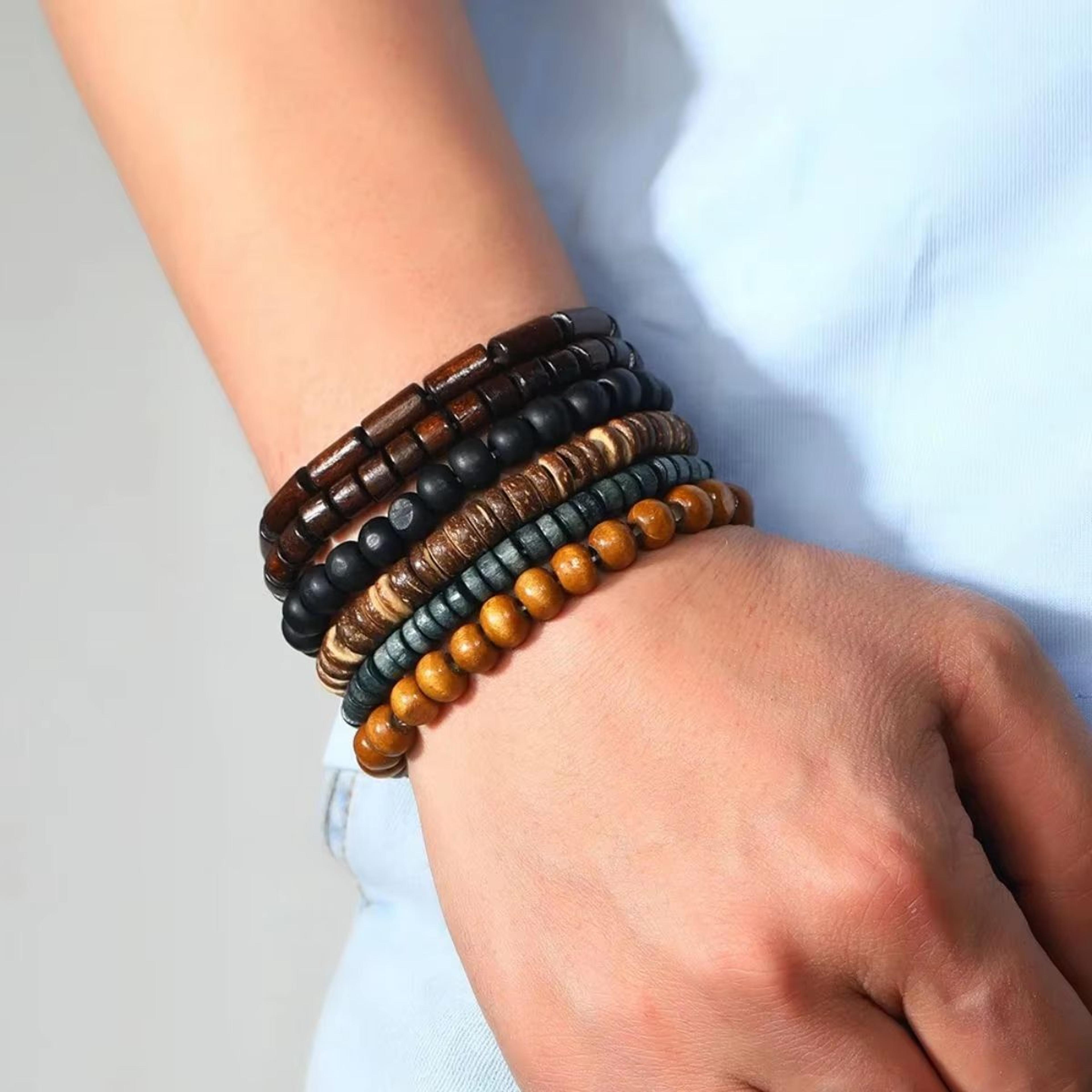 Vintage Braided Leather And Wood Bead Bracelet Set For Men 6 Piece 4