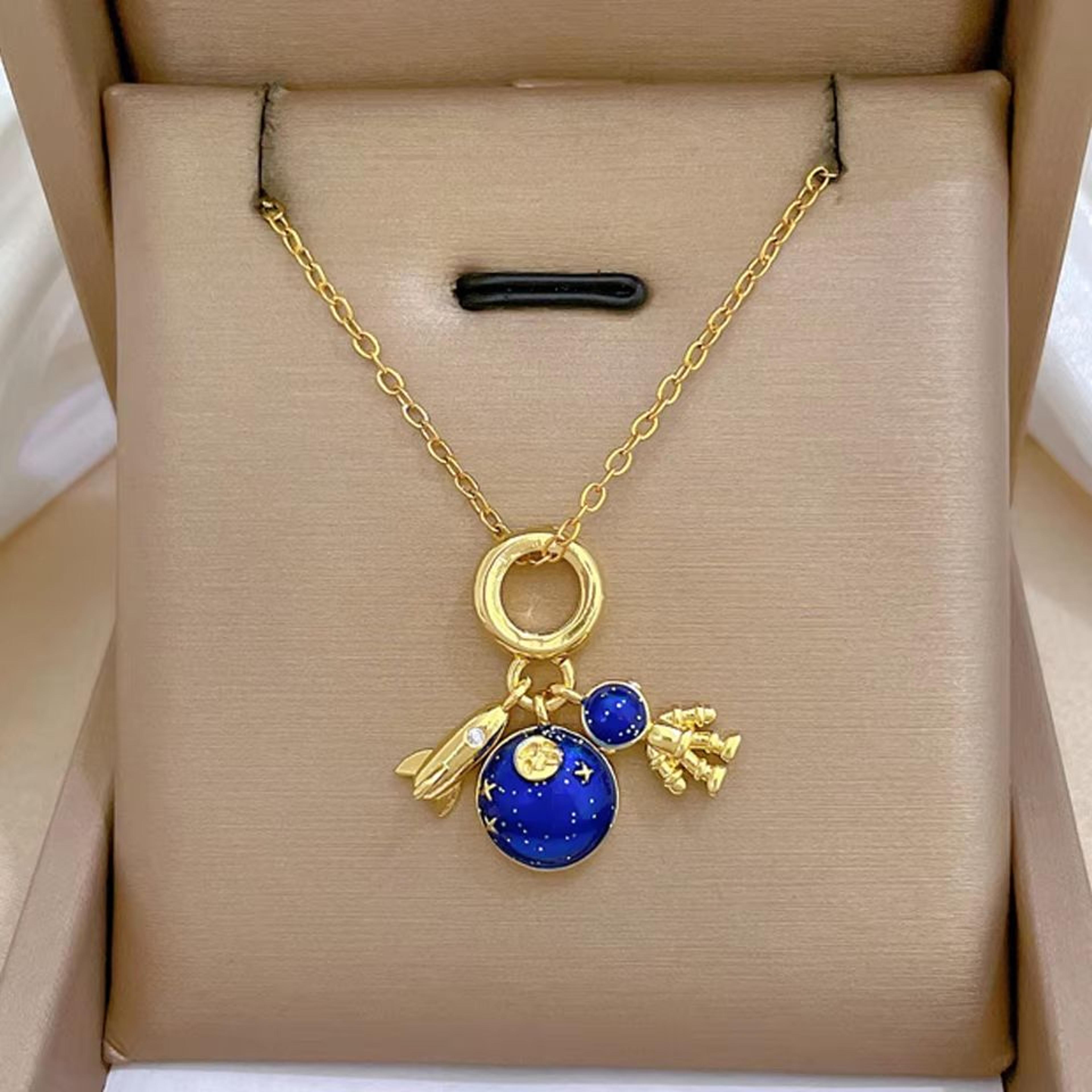 Starry Dream Astronaut Planet Moon Titanium Steel Necklace For Women 8