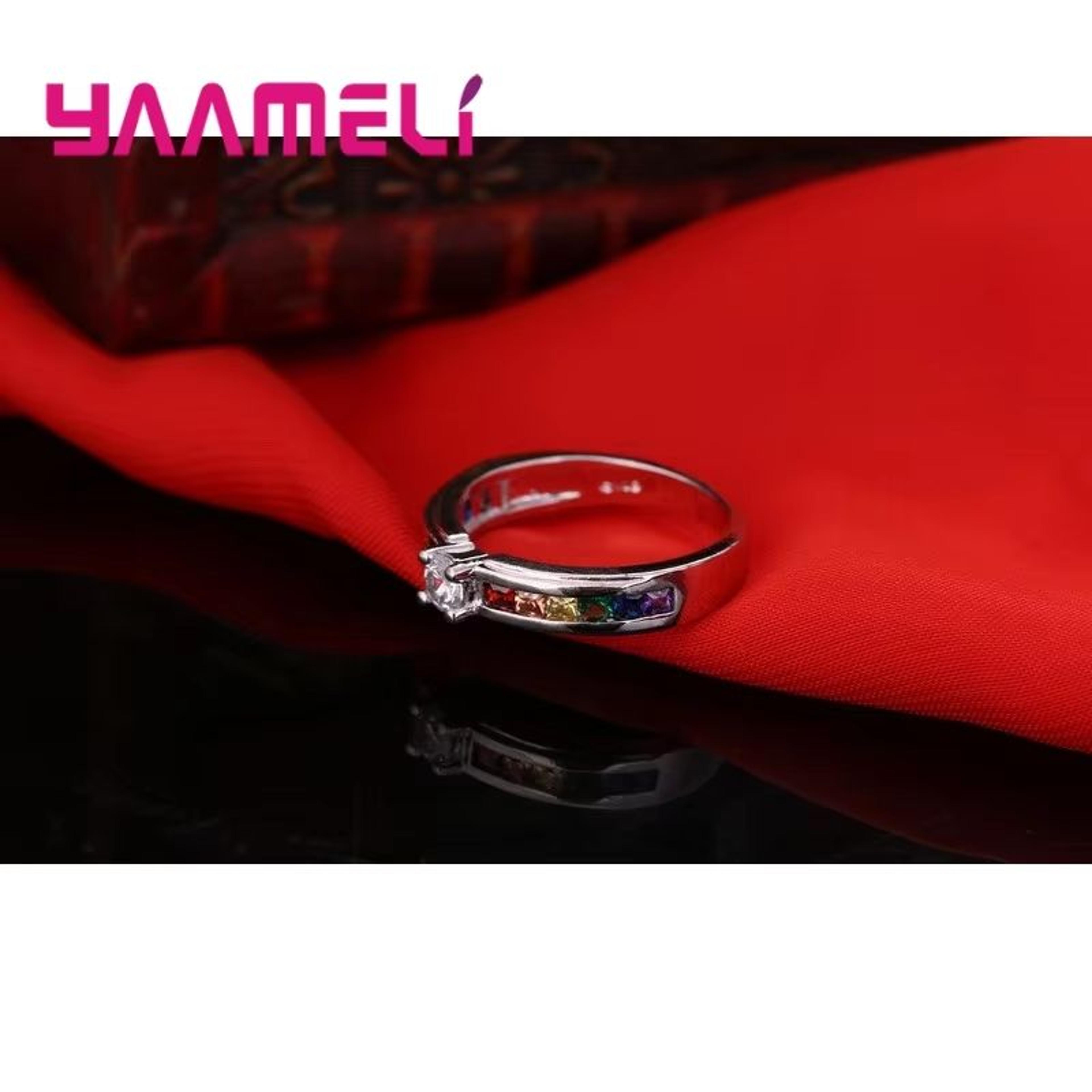 Real 925 Rainbow Cubic Zirconia Ring For Women  Sterling Silver Color Engagement Ring  Wedding Prop 4