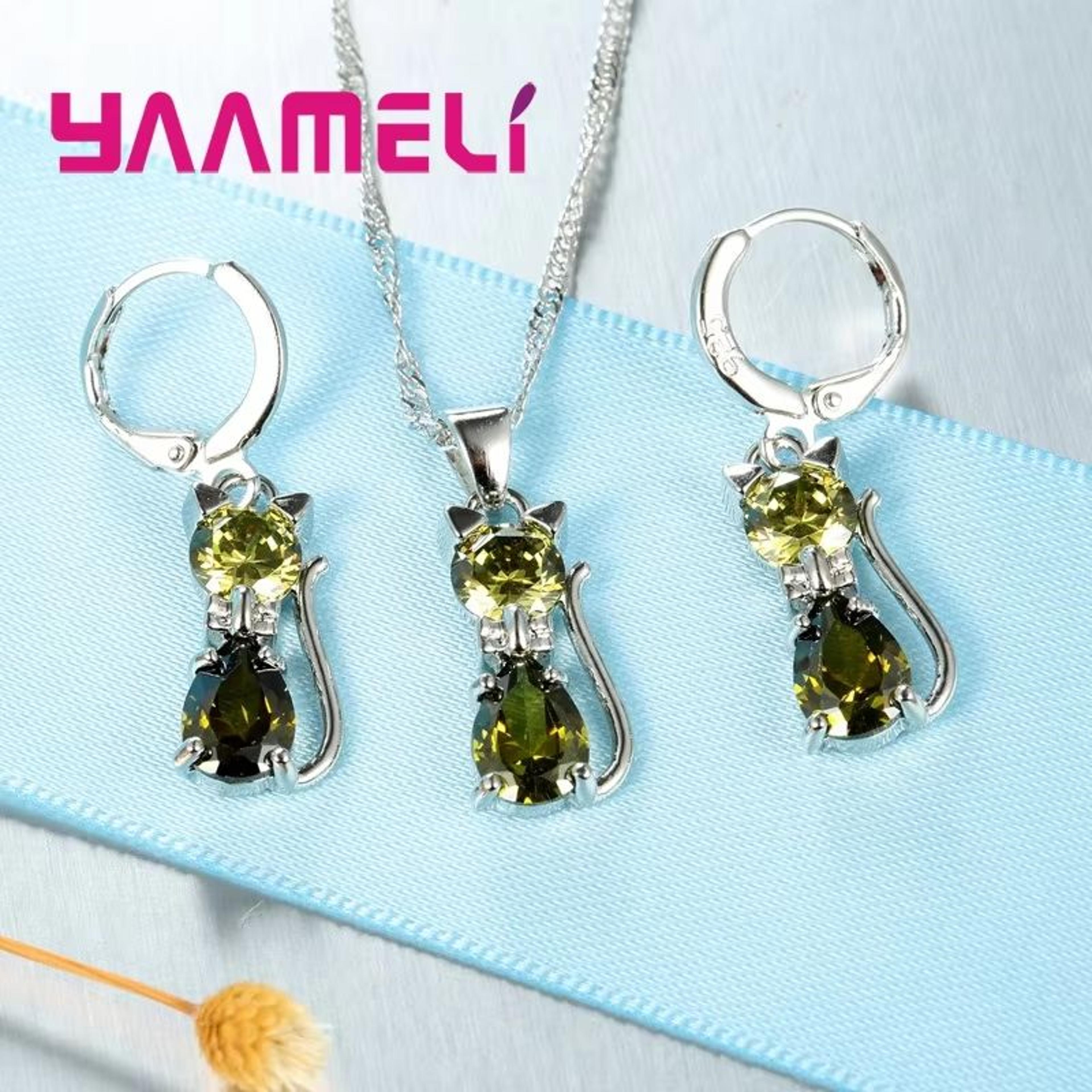 Real 925 Sterling Silver Cat Jewelry Set  Austrian Crystal Cat Pendant Necklace  Huggie Earrings Fo 4