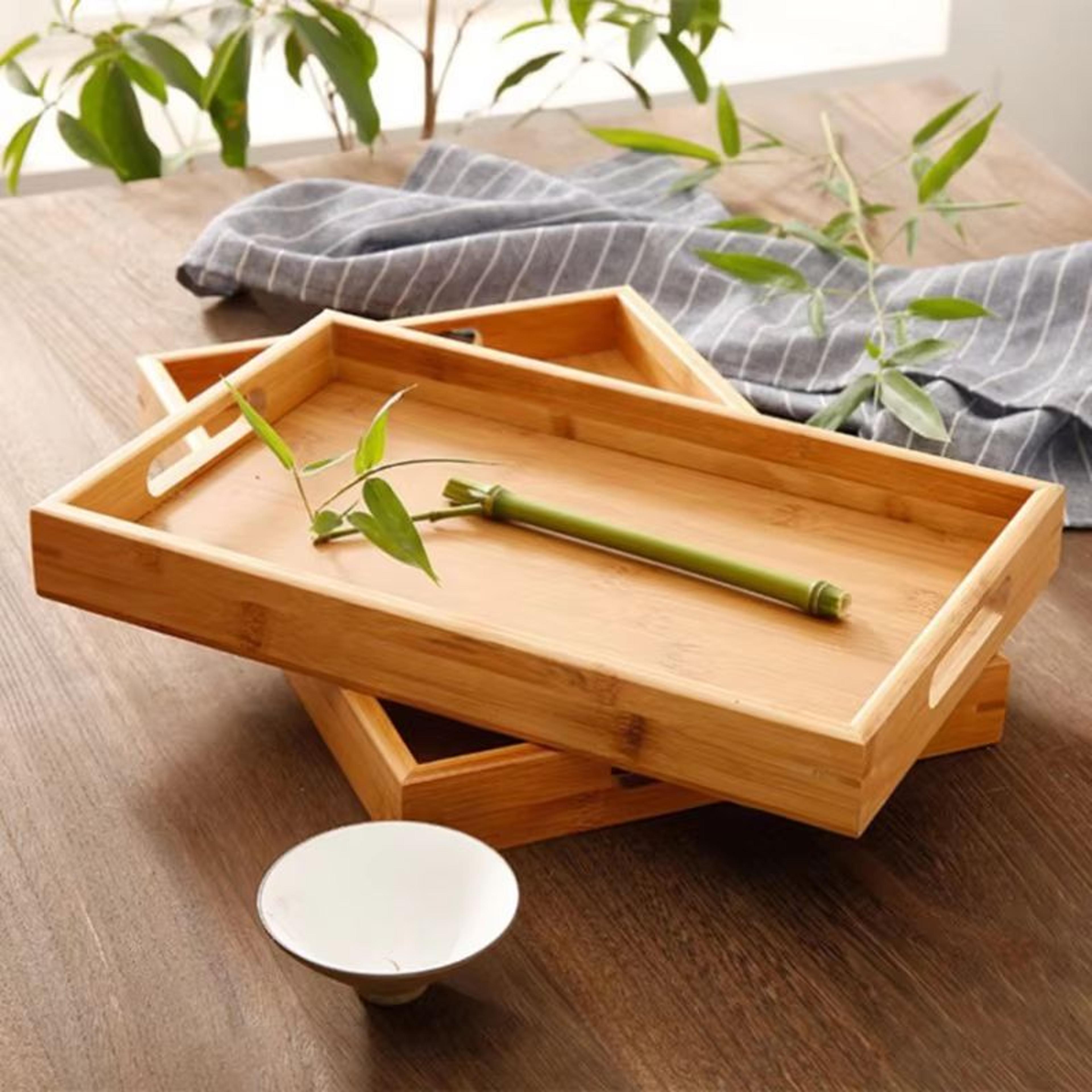Wide Bamboo Organizer Tray Storage Bin With Handles 2