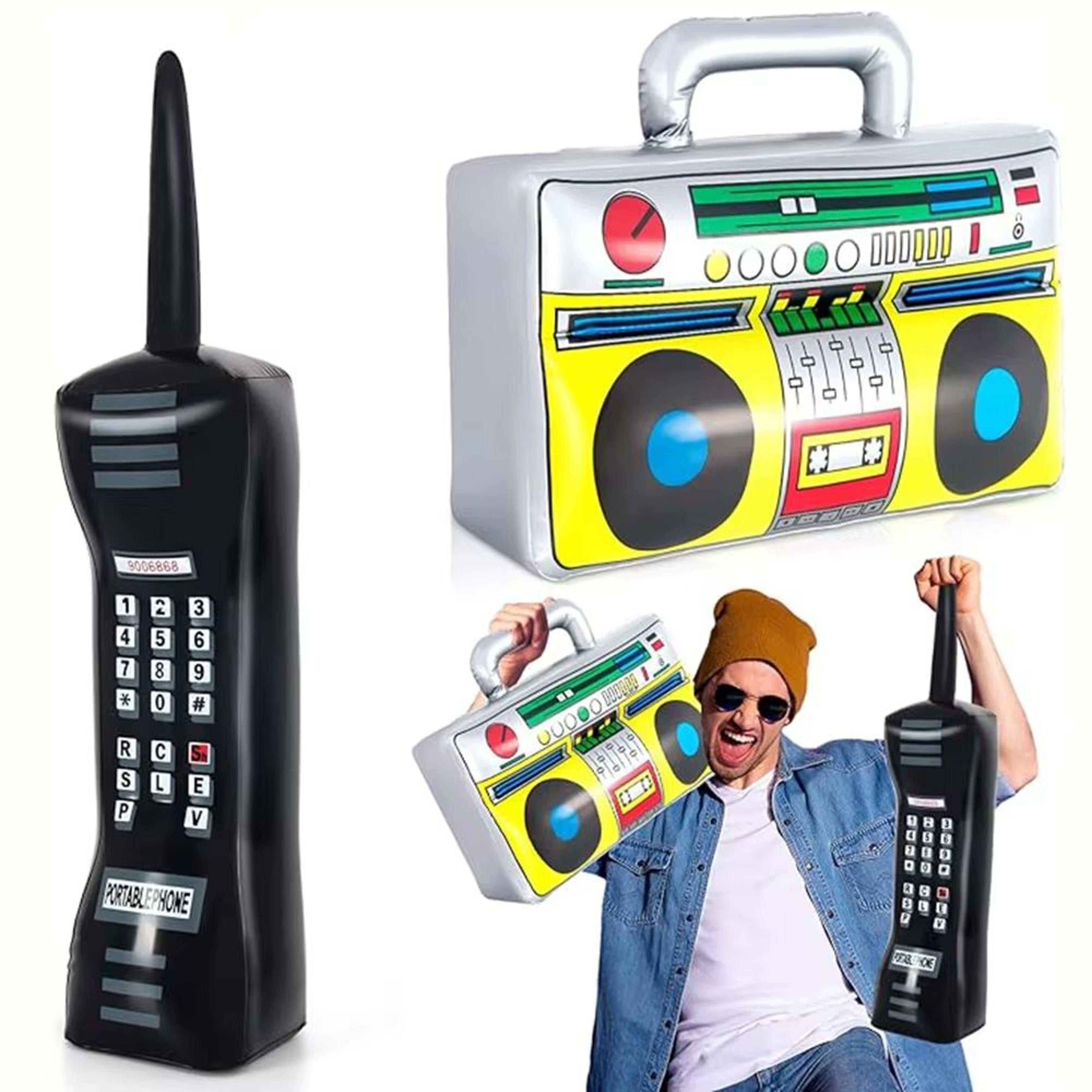 RetroWave 90s Inflatable Radio  Phone Prop Set 2Pack  HipHop Theme Party Decorations 0
