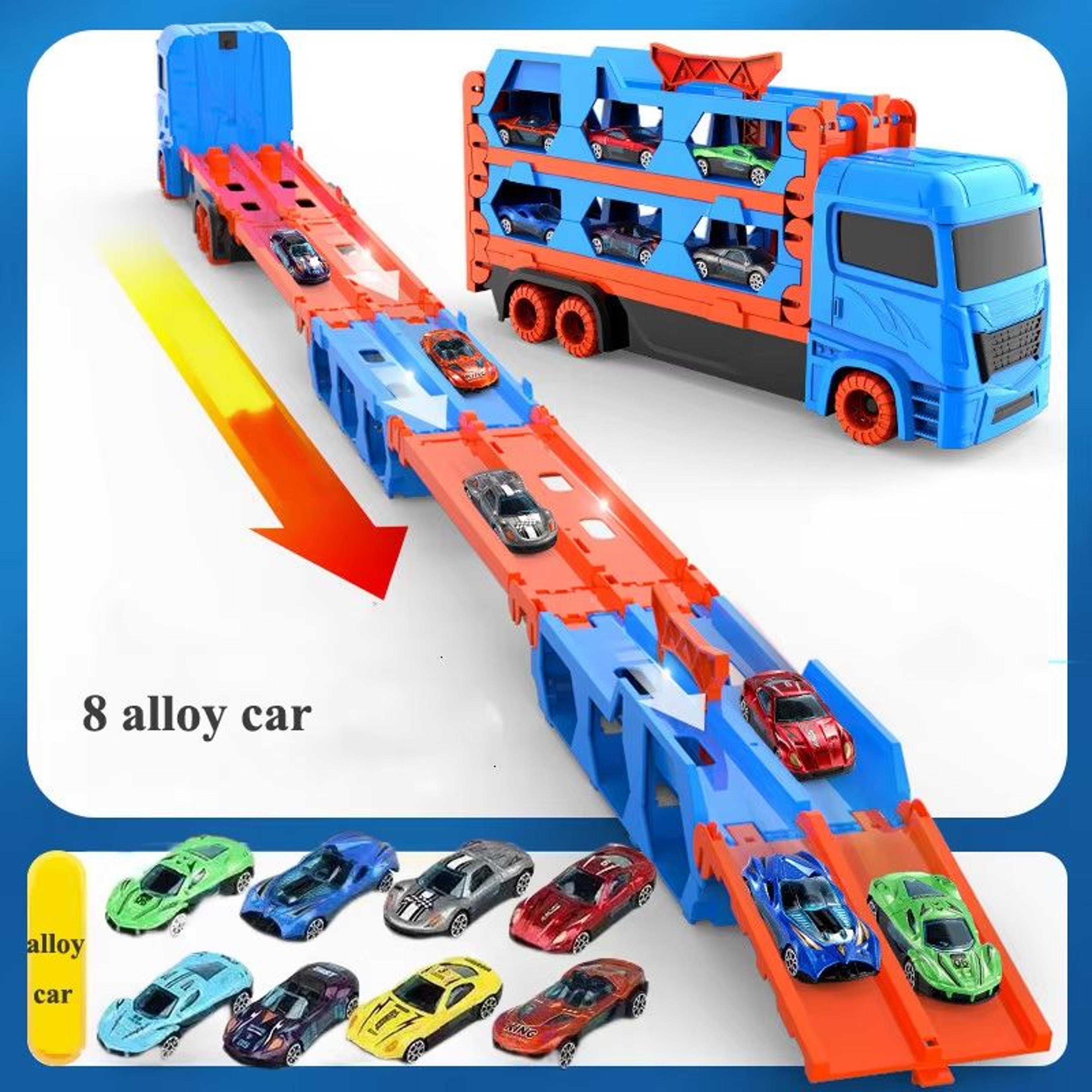 Large Car Transporter Truck With Folding Race Track And Alloy Cars For Kids 7