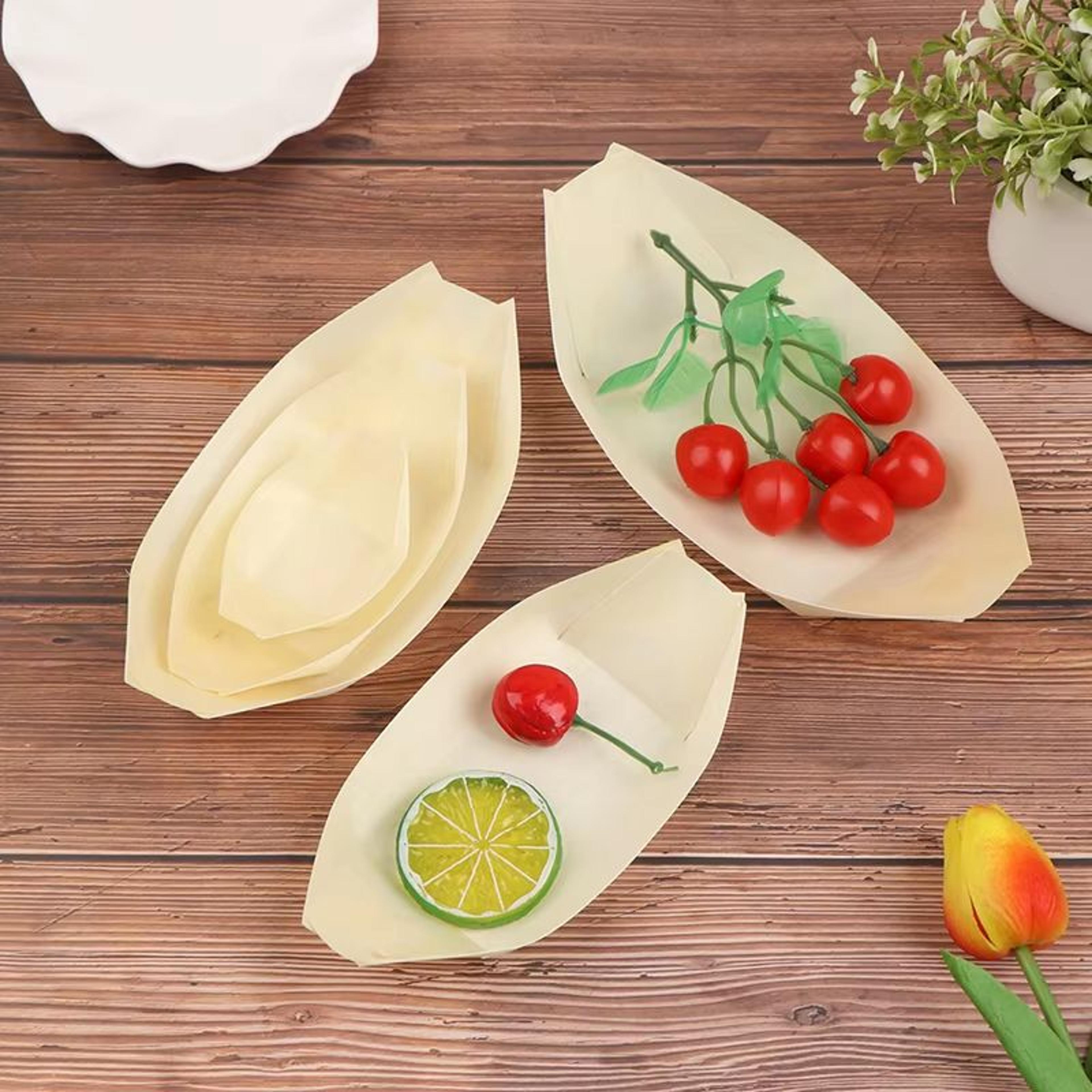 50 Piece Disposable Wooden Boat Plate Set Pine Wood Sushi Trays For Serving Snacks And Desserts 0