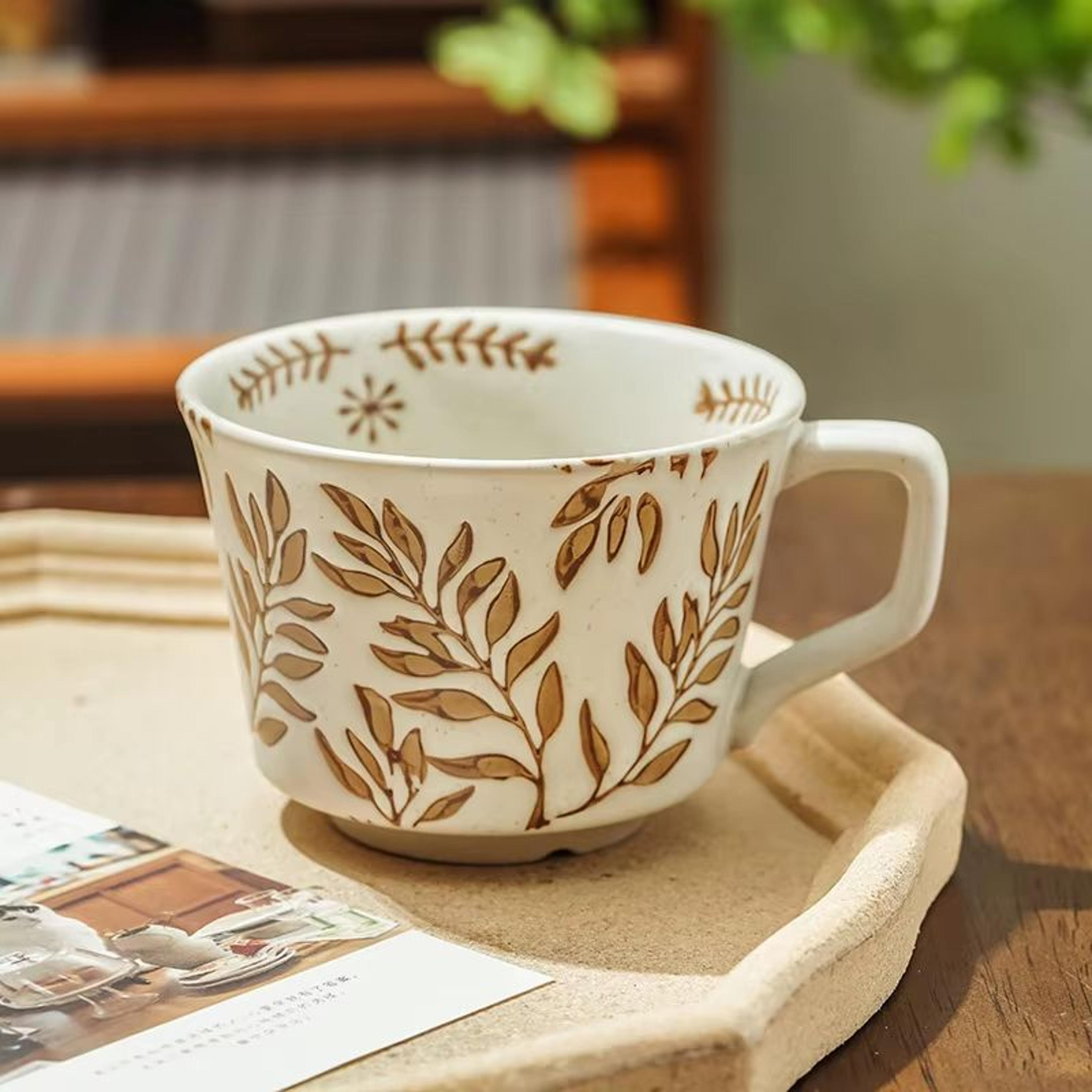 Ceramic Coffee Mug Leaf Pattern Porcelain Tea Cup For Home And Office Use 2