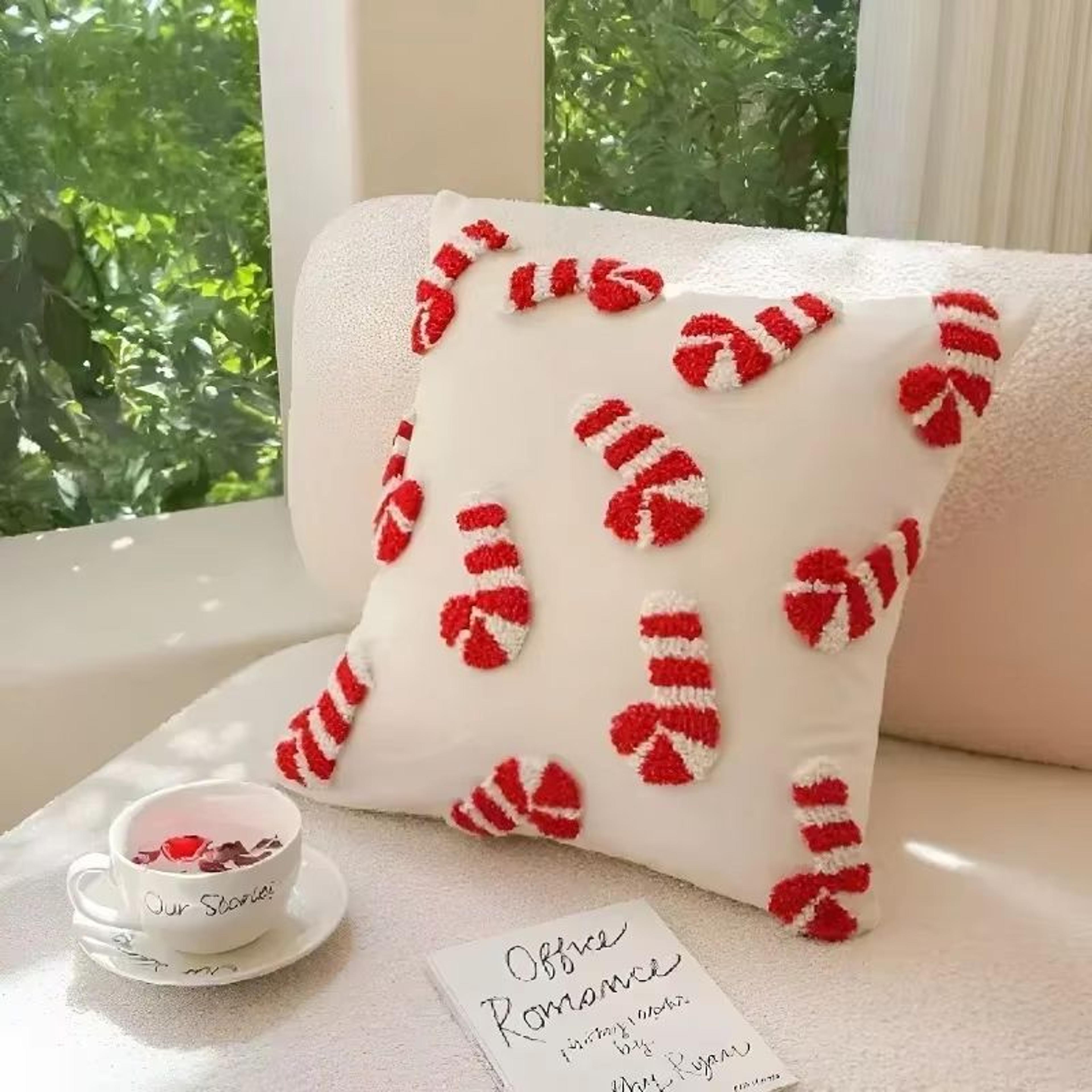 Christmas Plush Pillowcase With Hat And Candy Cane Pattern Hidden Zipper Holiday Decor Cover 6