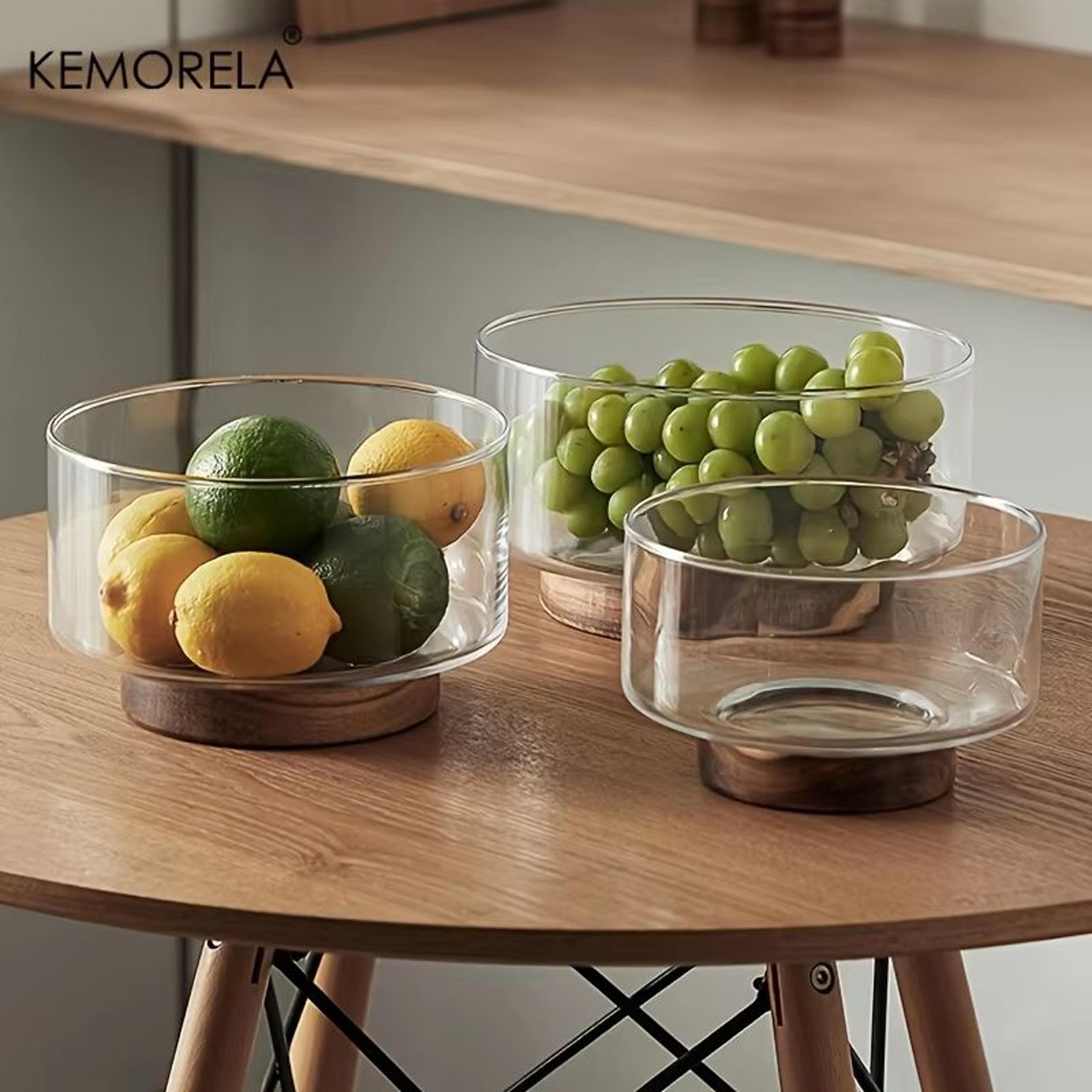 Large Clear Glass Bowl With Wooden Base  Fruit Salad Snack And Popcorn Serving Bowl 0