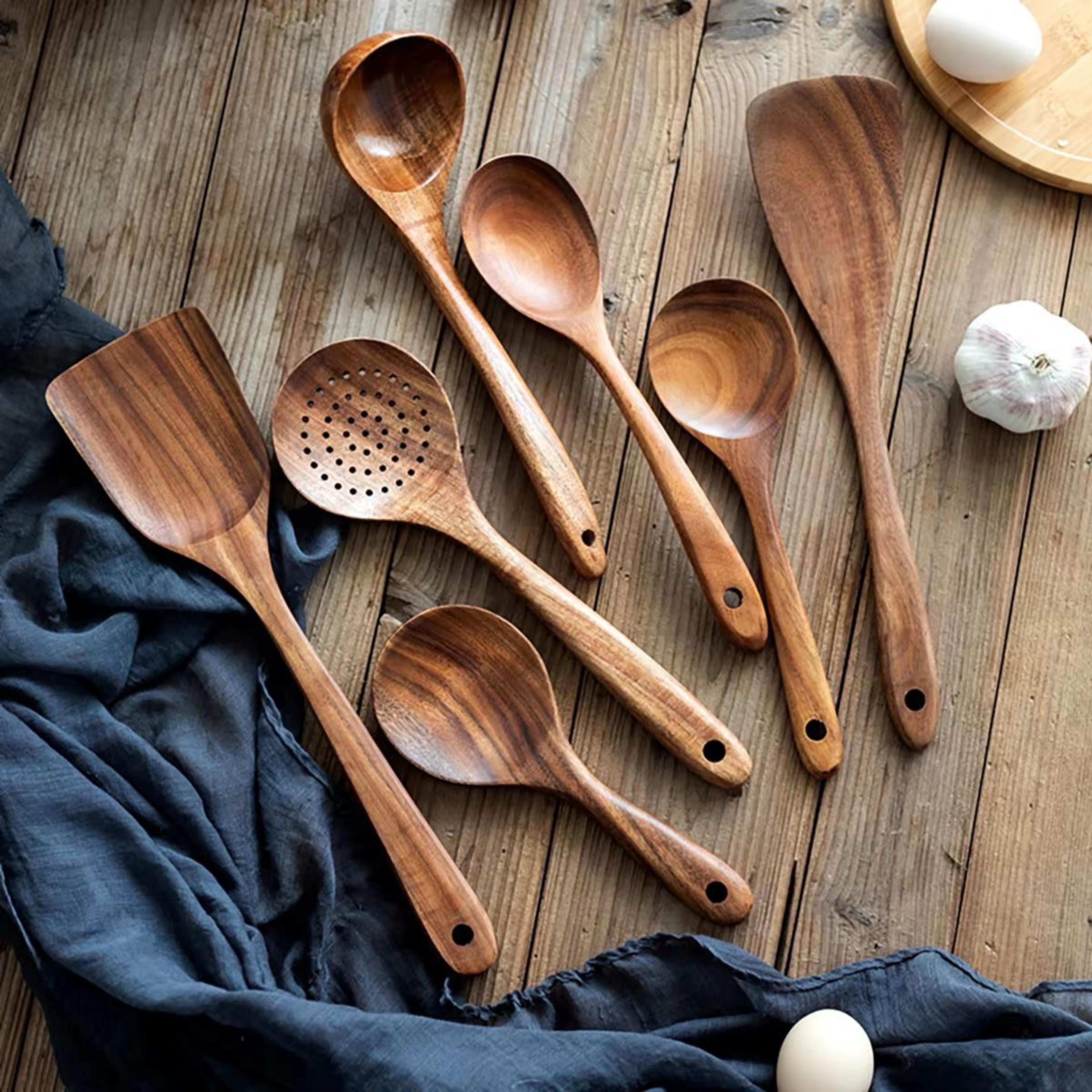 Wooden Kitchen Utensil Set With Holder  Spatulas Spoons Salad Fork And Stirring Tools For Cooking A 10