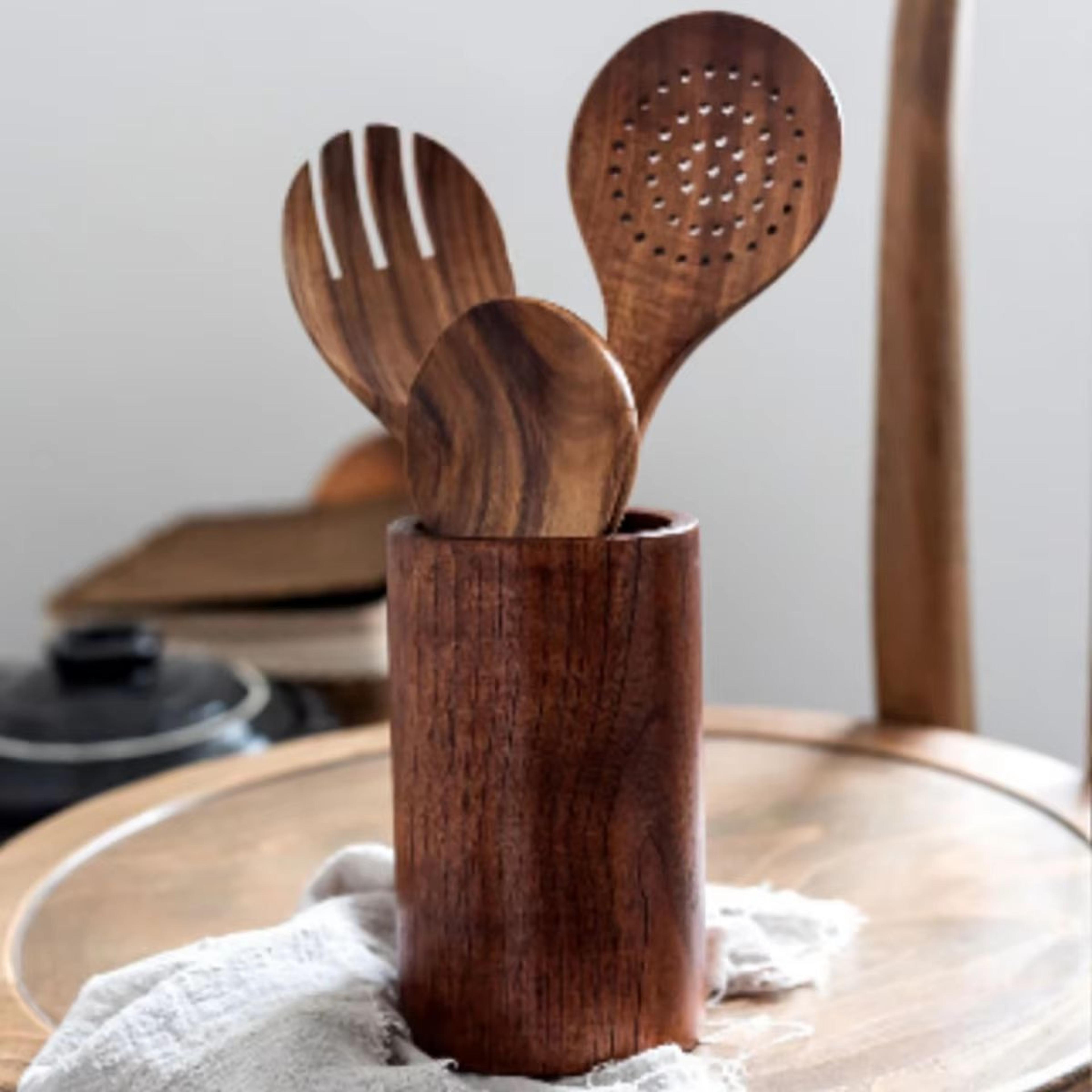 Wooden Kitchen Utensil Set With Holder  Spatulas Spoons Salad Fork And Stirring Tools For Cooking A 5