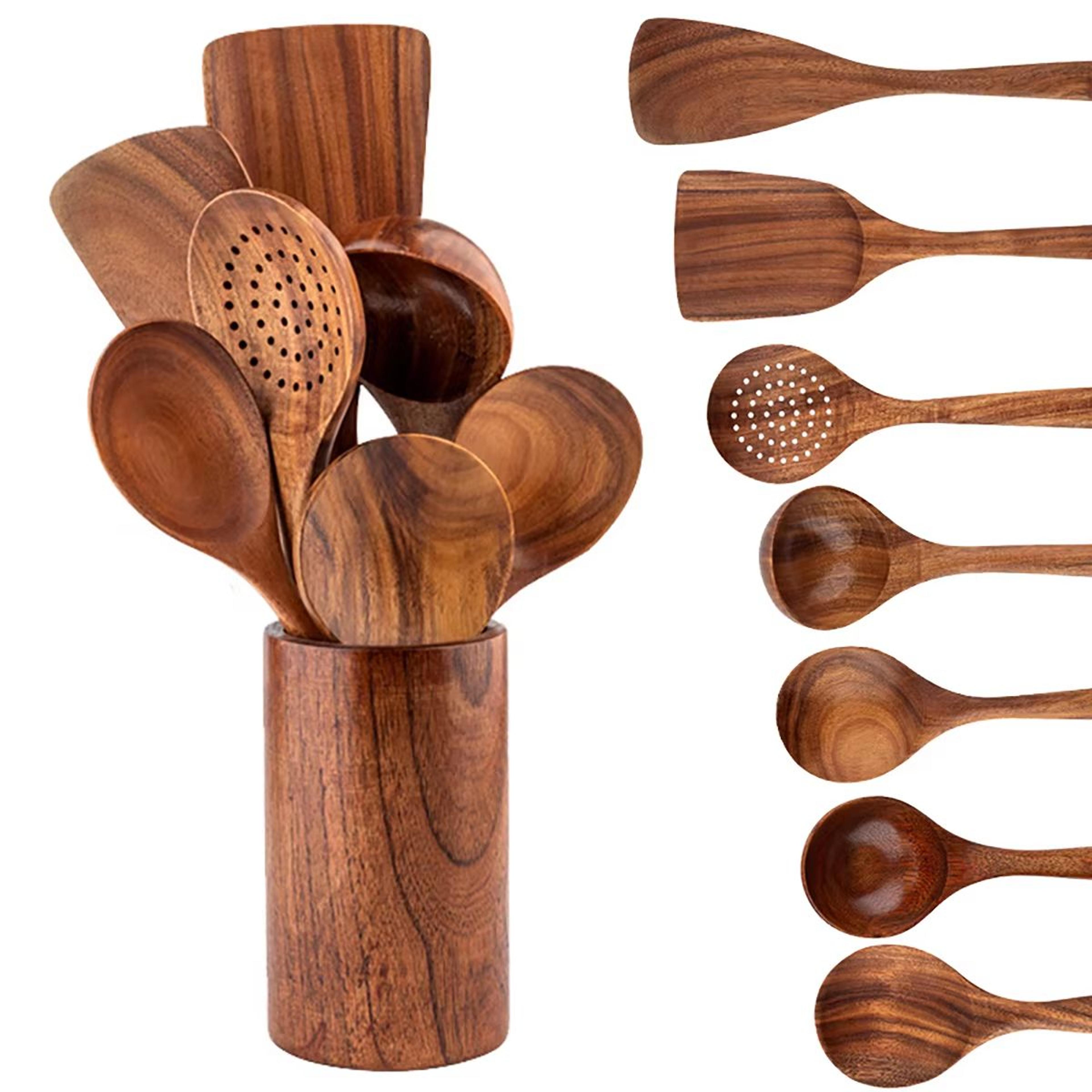 Wooden Kitchen Utensil Set With Holder  Spatulas Spoons Salad Fork And Stirring Tools For Cooking A 11