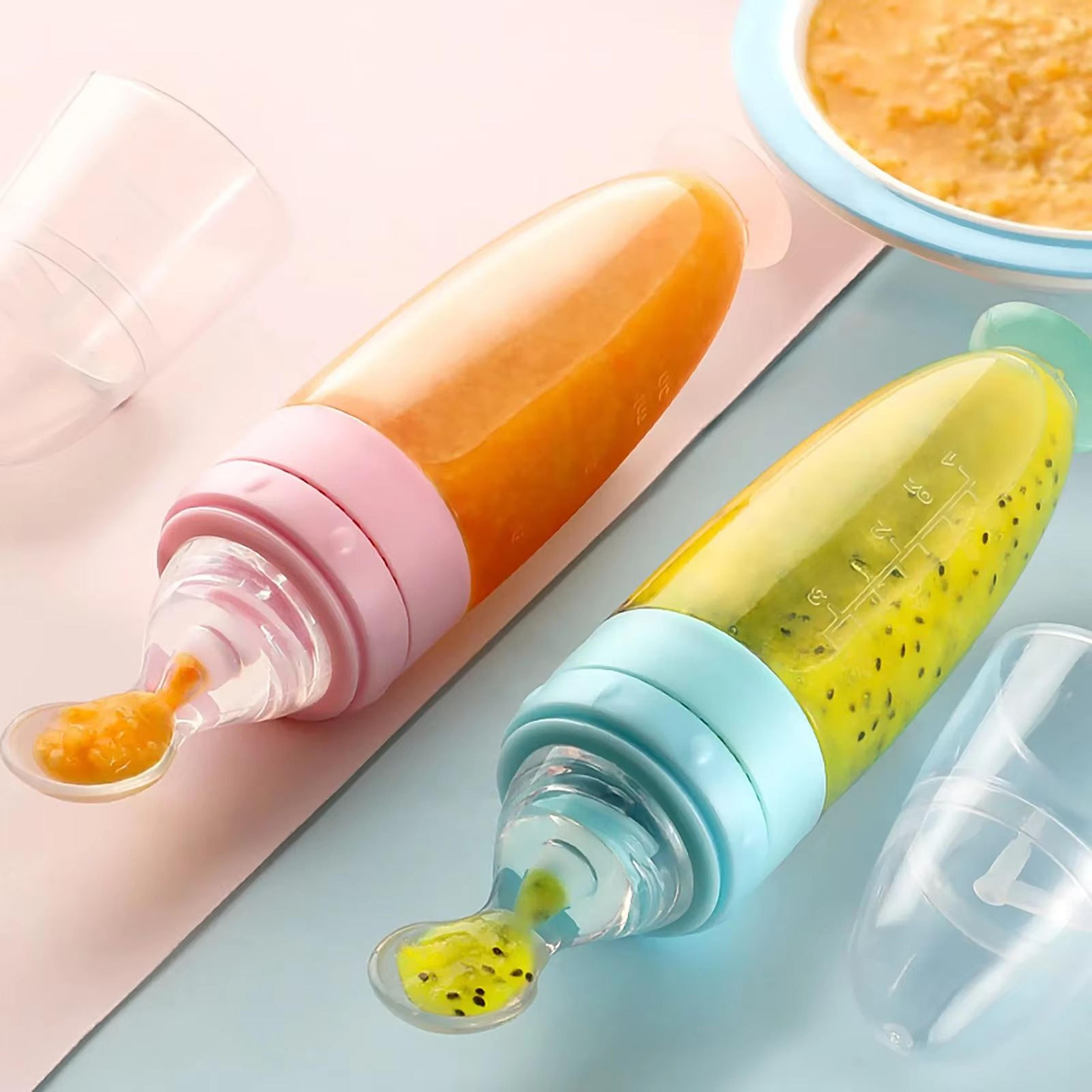 soft silicone squeeze feeding spoon with bottle feeder, portable baby feeding tool for milk, puree, and weaning
