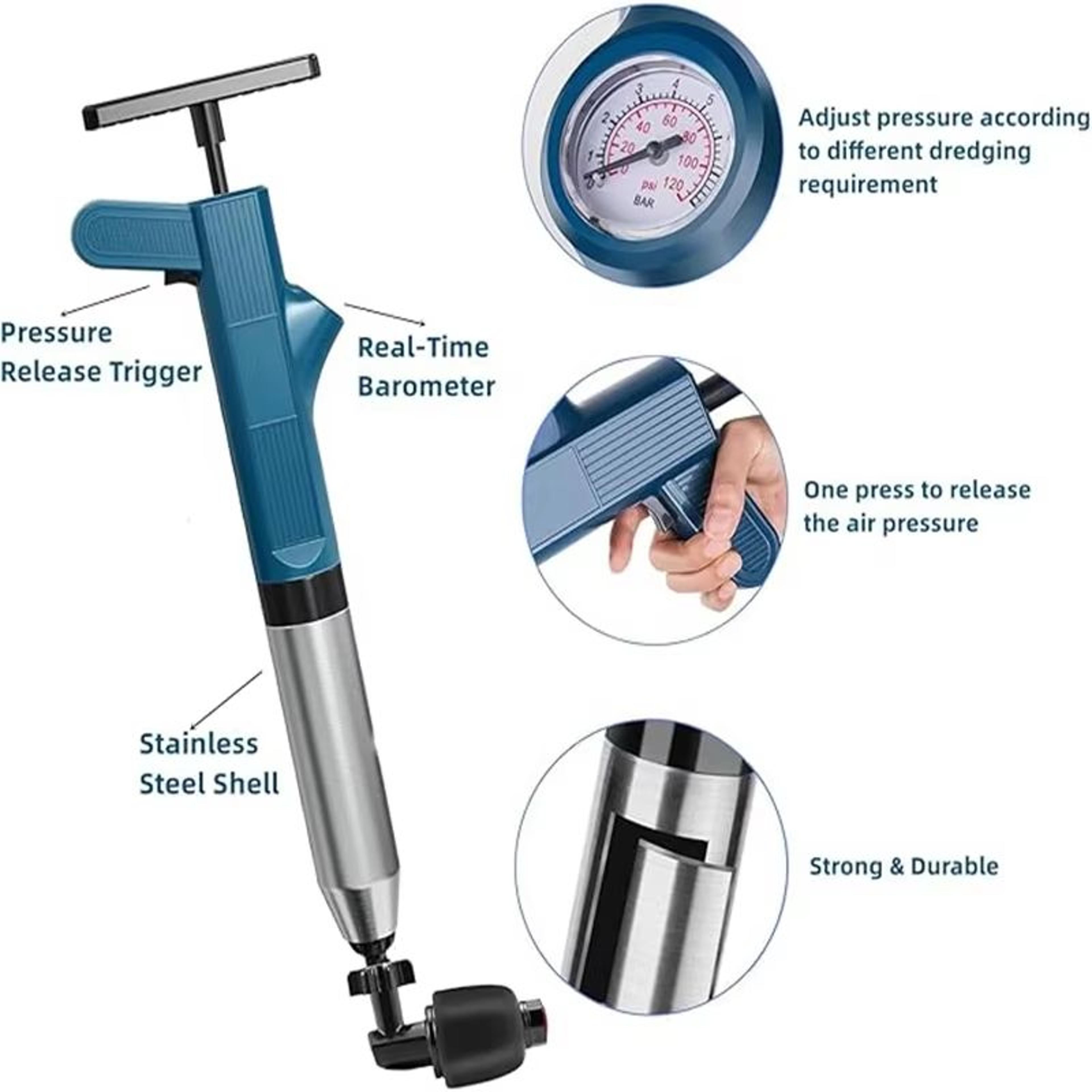 Pneumatic HighPressure Drain Blaster Tool Set  Stainless Steel Toilet Plunger  Pipe Dredger Unblock 5