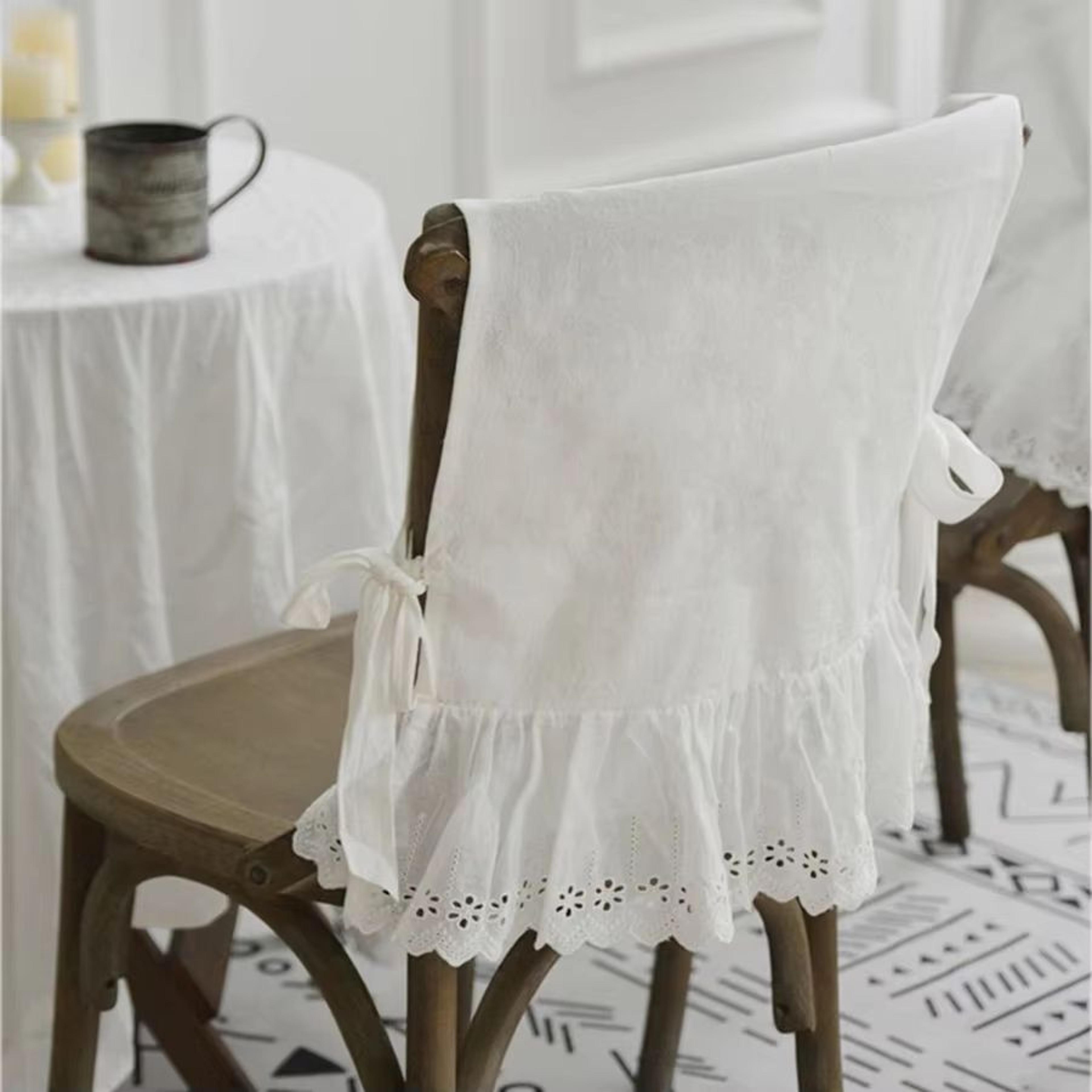 Elegant White Cotton Chair Back Cover  Embroidered Lace Flounced Household And Wedding Decoration 0