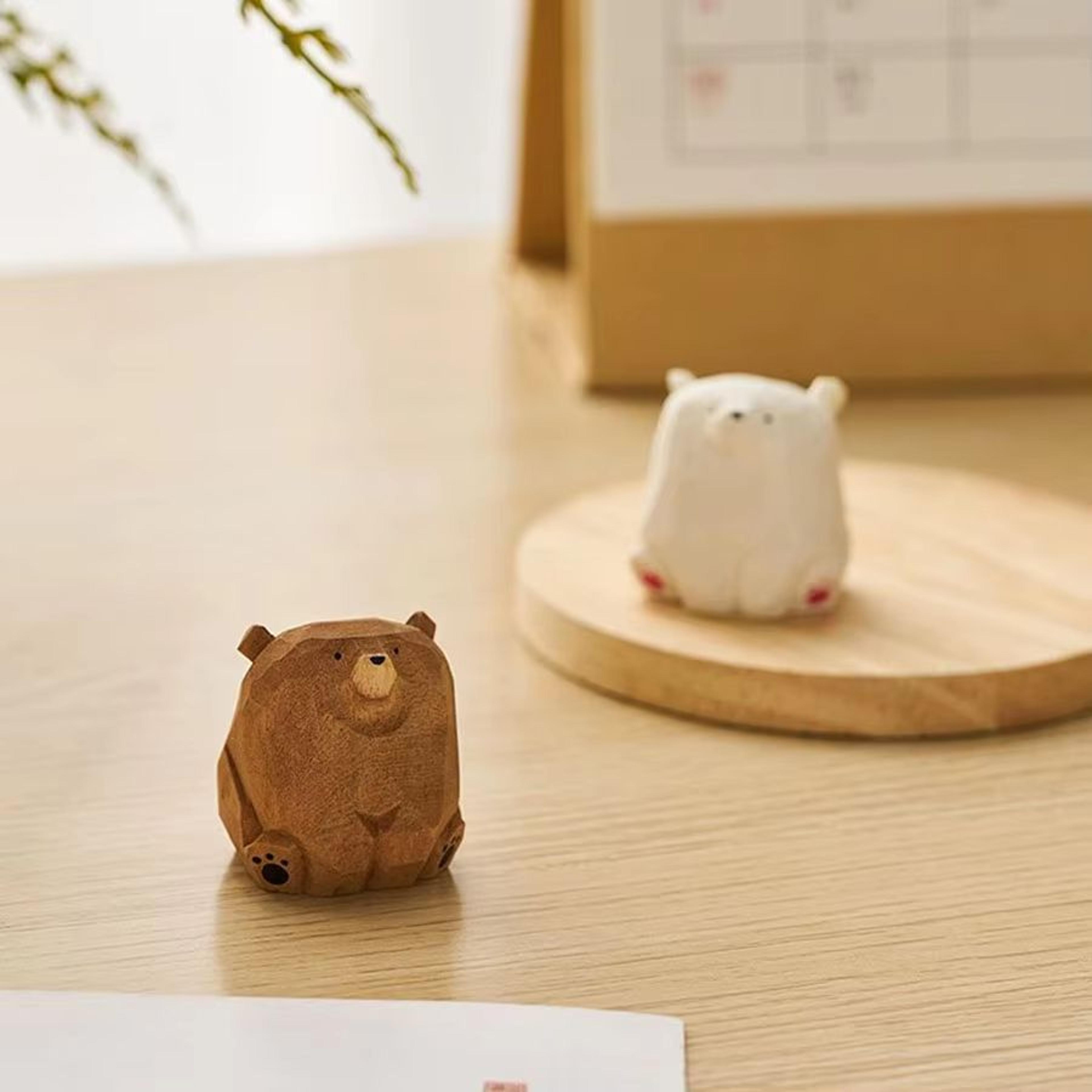 Cute Mini Wooden Bear Figurine  HandCarved Solid Wood Polar Bear Ornament For Table Decor And Kids  1