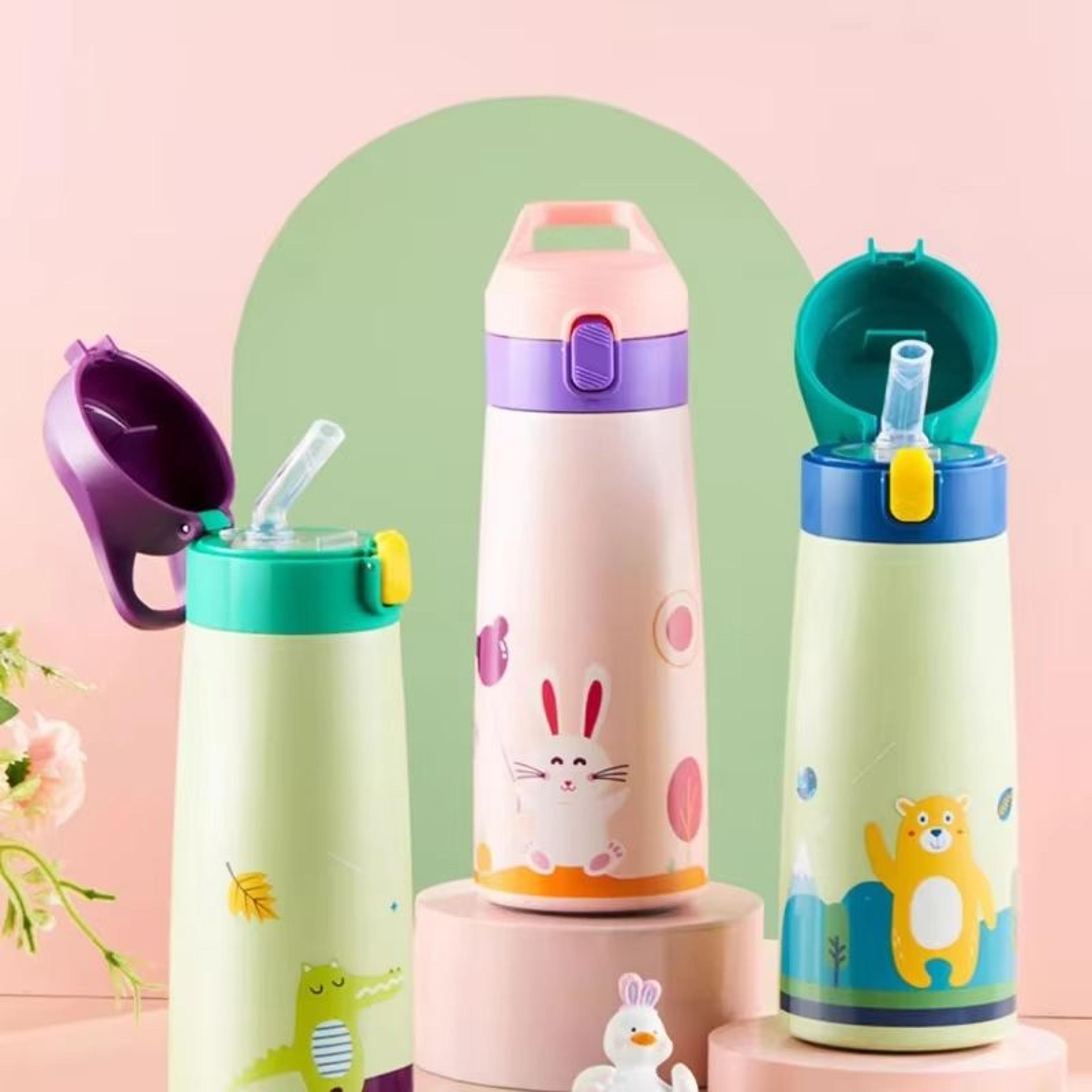 Childrens LargeCapacity Stainless Steel Thermos Cup With Straw  Cute Animal Print Water Bottle For  0