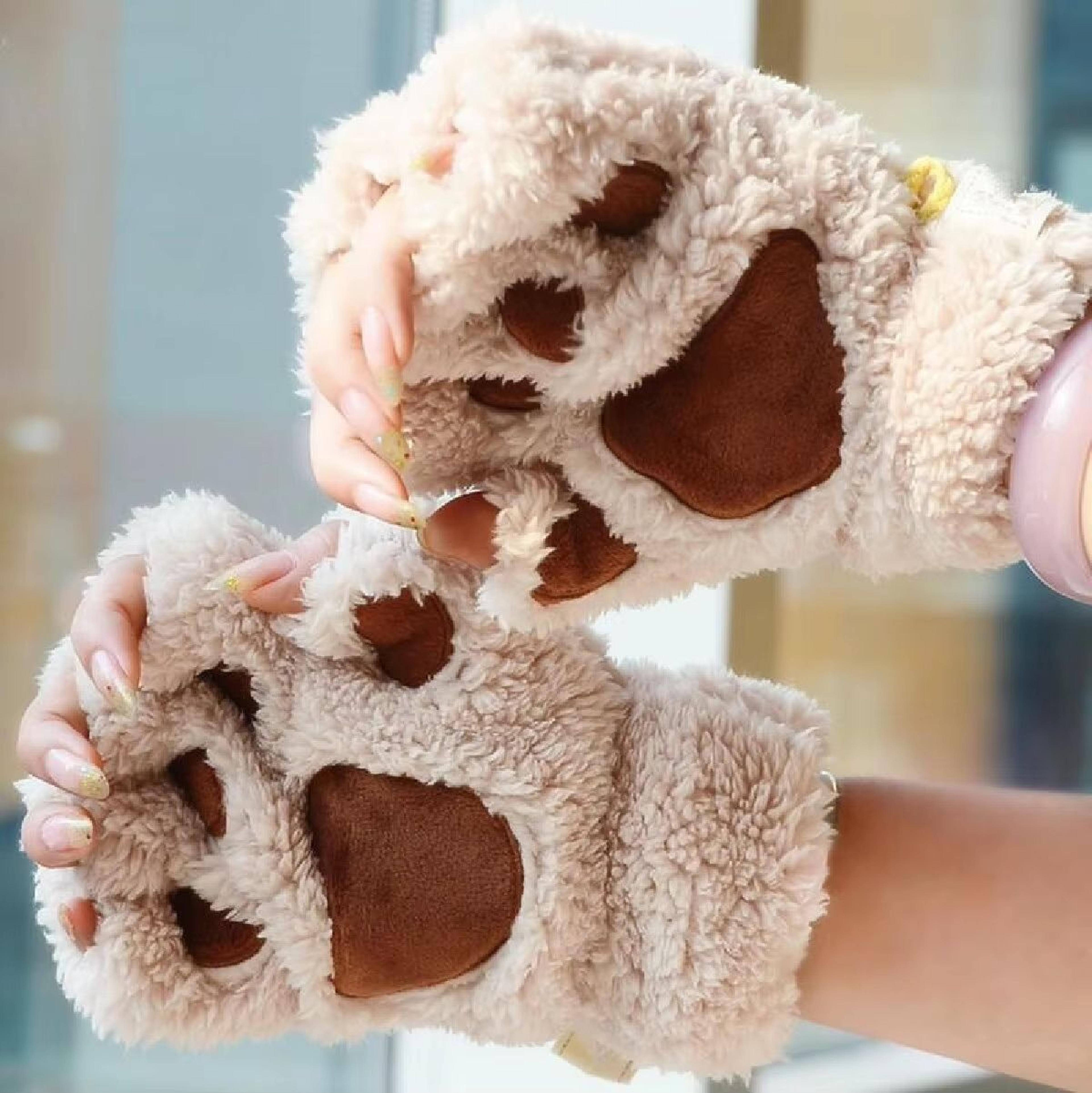 Cute Cat Claw Winter Half Finger Gloves  Thick Fluffy Bear Paw Plush Fingerless Mittens For Women A 1