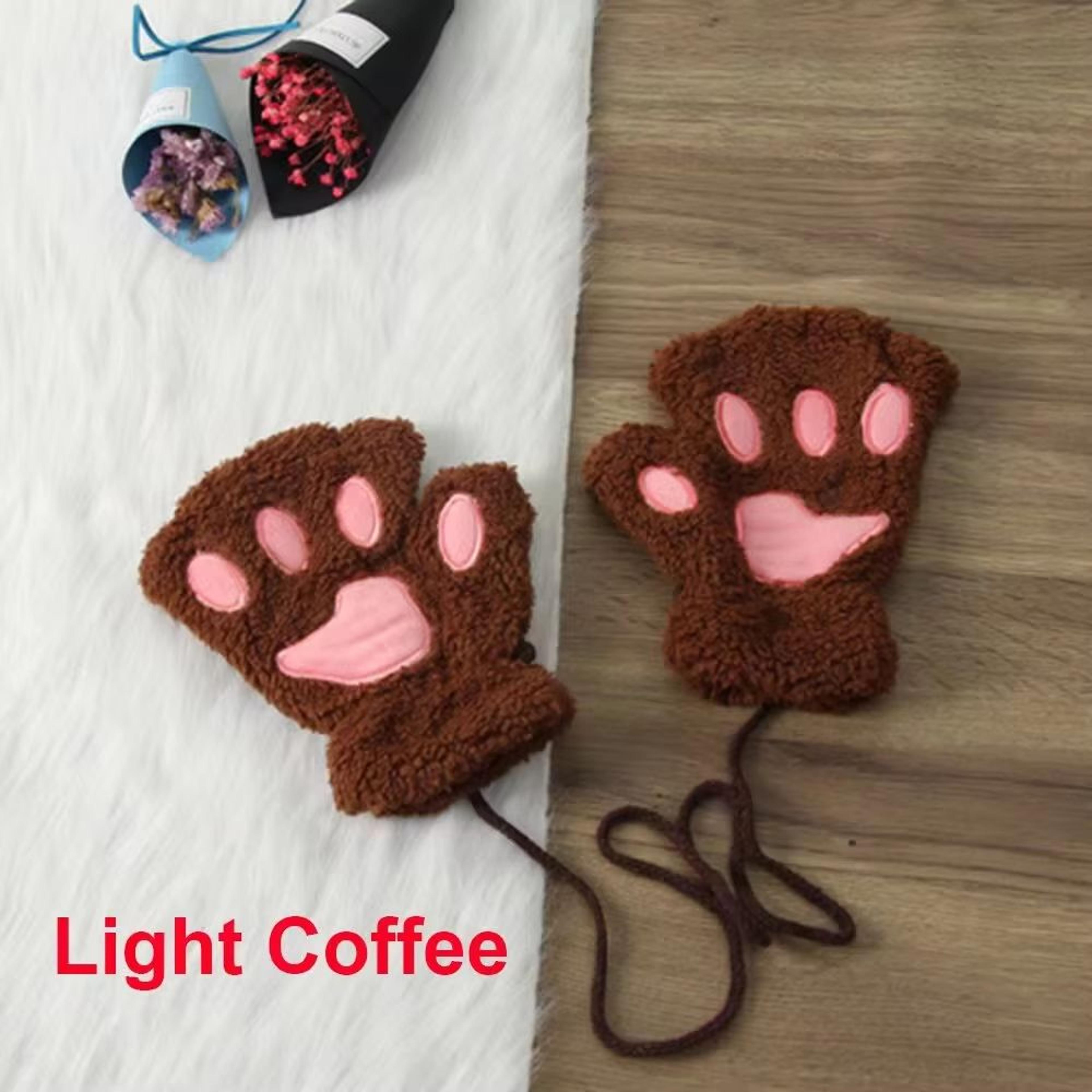 Cute Cat Claw Winter Half Finger Gloves  Thick Fluffy Bear Paw Plush Fingerless Mittens For Women A 13
