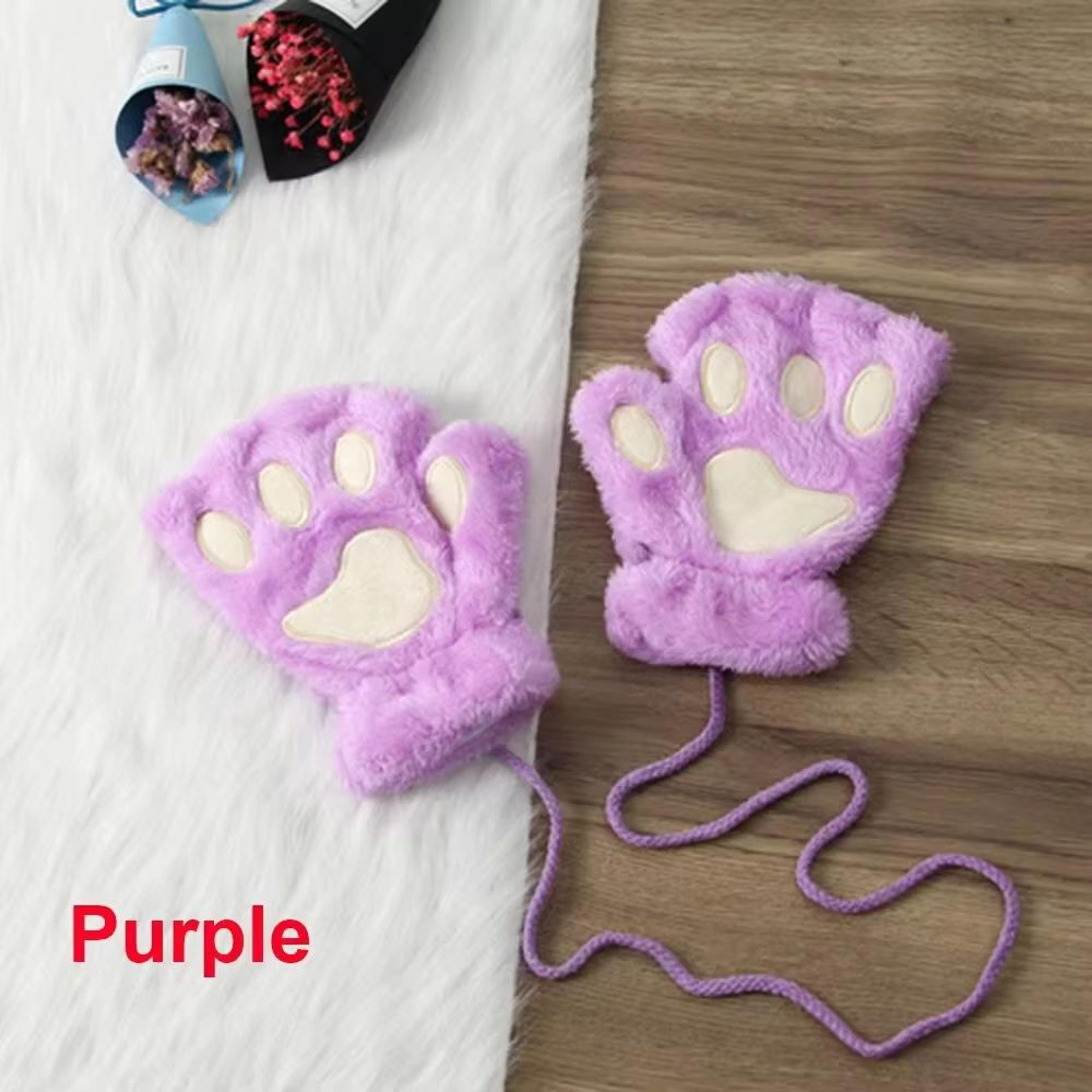 Cute Cat Claw Winter Half Finger Gloves  Thick Fluffy Bear Paw Plush Fingerless Mittens For Women A 16