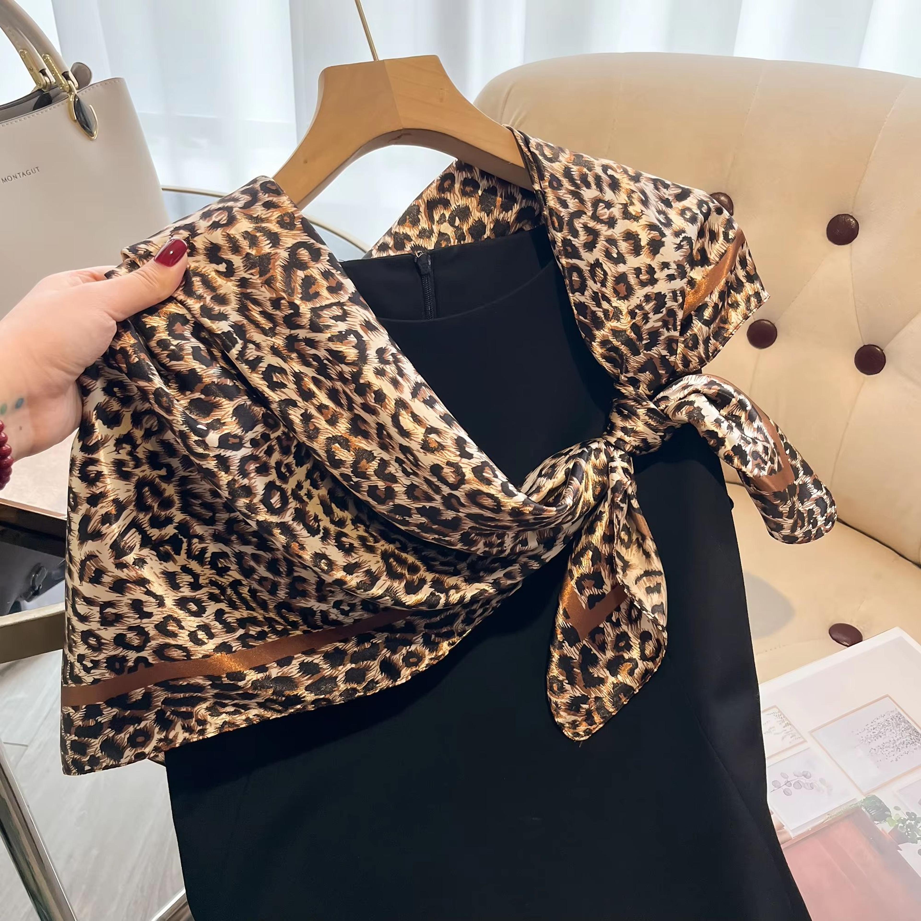 Luxury Leopard Print Satin Square Scarf  Headband Set  2756x2756in Fashion Hair Band Neckerchief  W 1