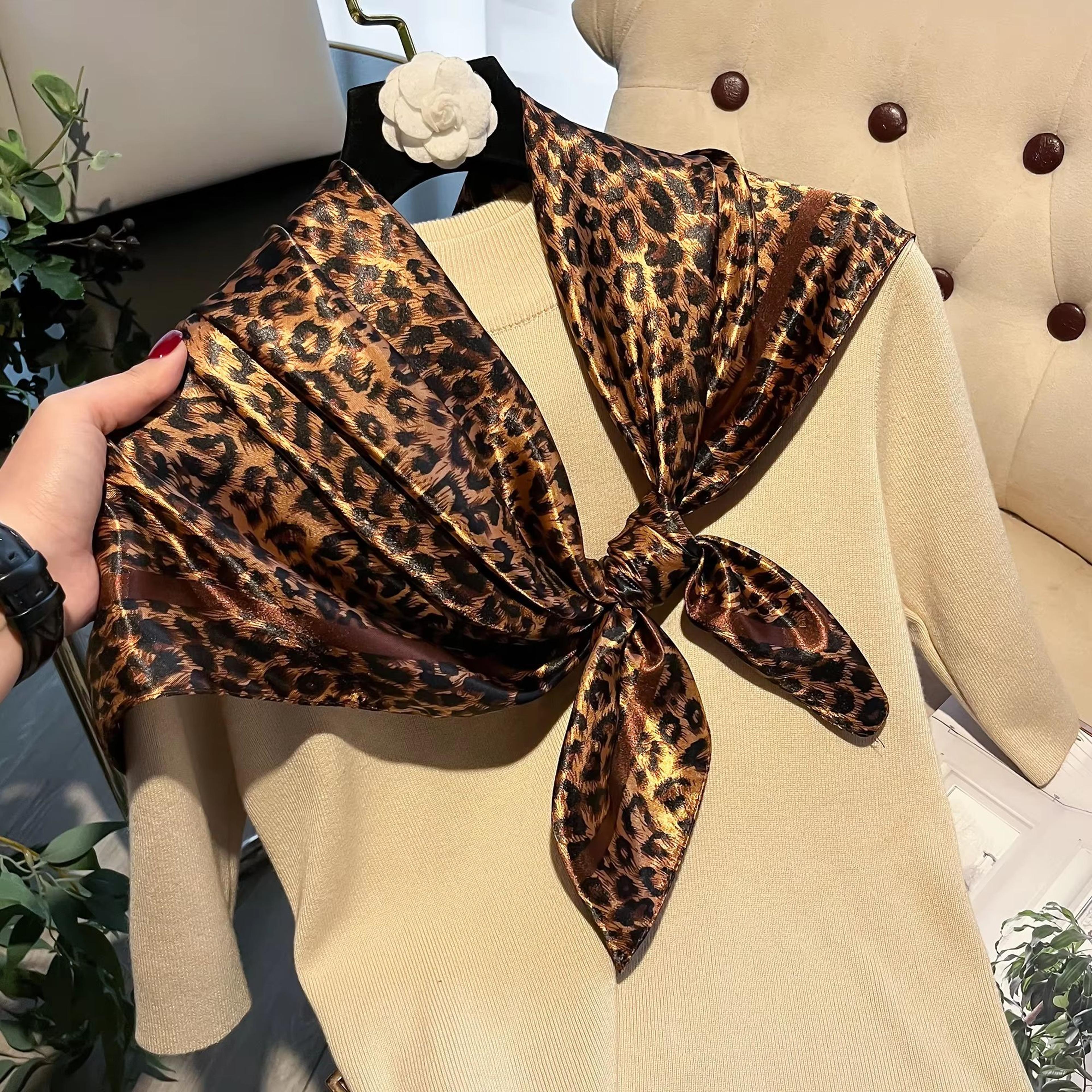 Luxury Leopard Print Satin Square Scarf  Headband Set  2756x2756in Fashion Hair Band Neckerchief  W 4