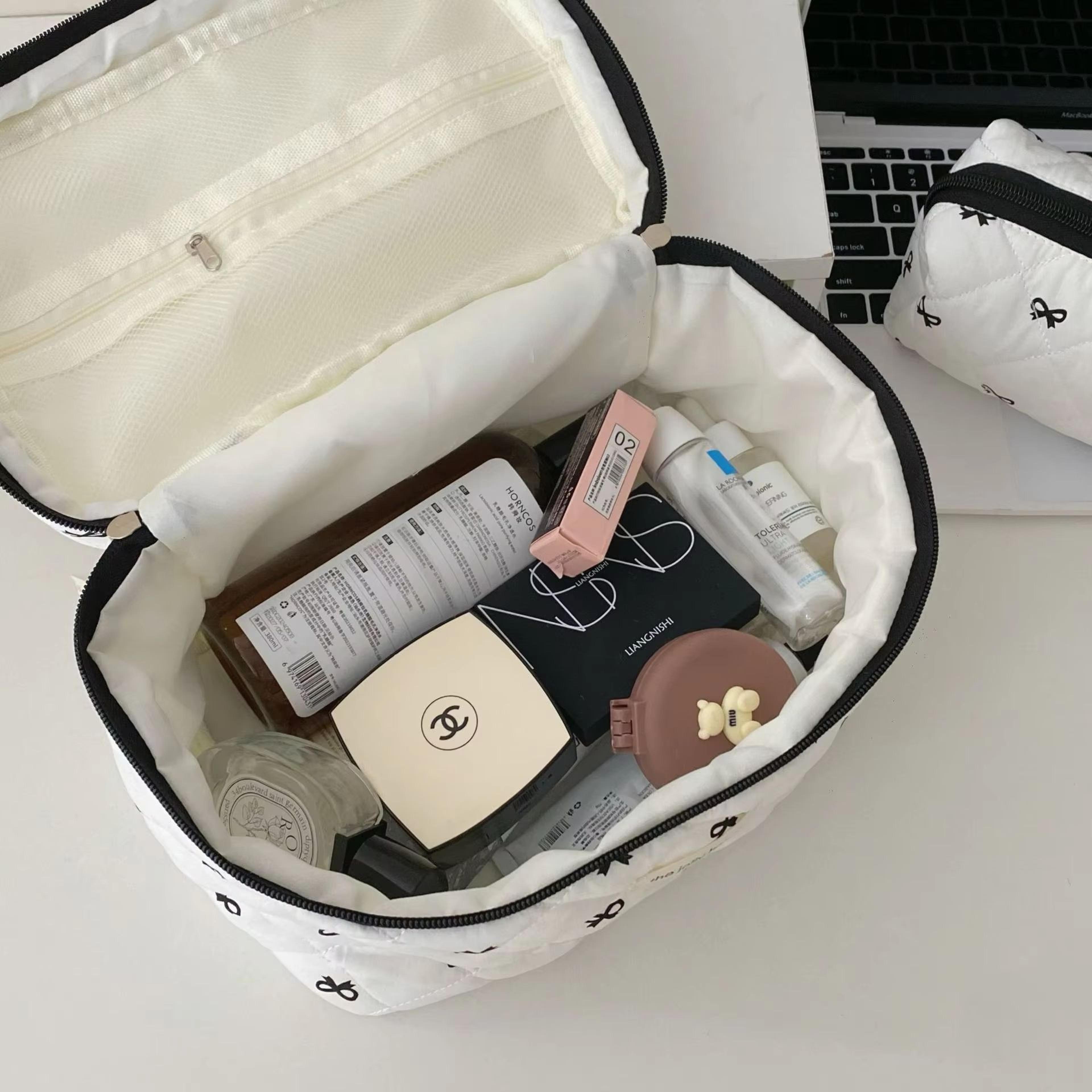 Fashion Cherry Quilted Cotton Makeup Bag Portable Cosmetic Tote For Women 2