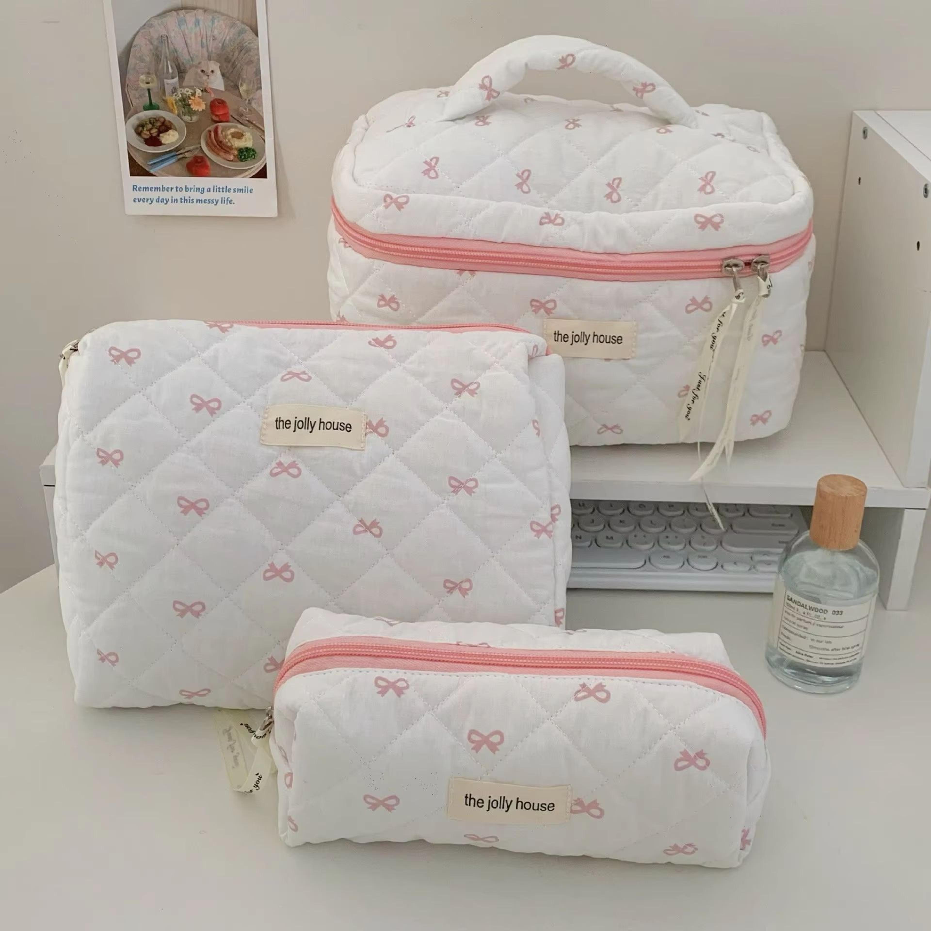 Fashion Cherry Quilted Cotton Makeup Bag Portable Cosmetic Tote For Women 5