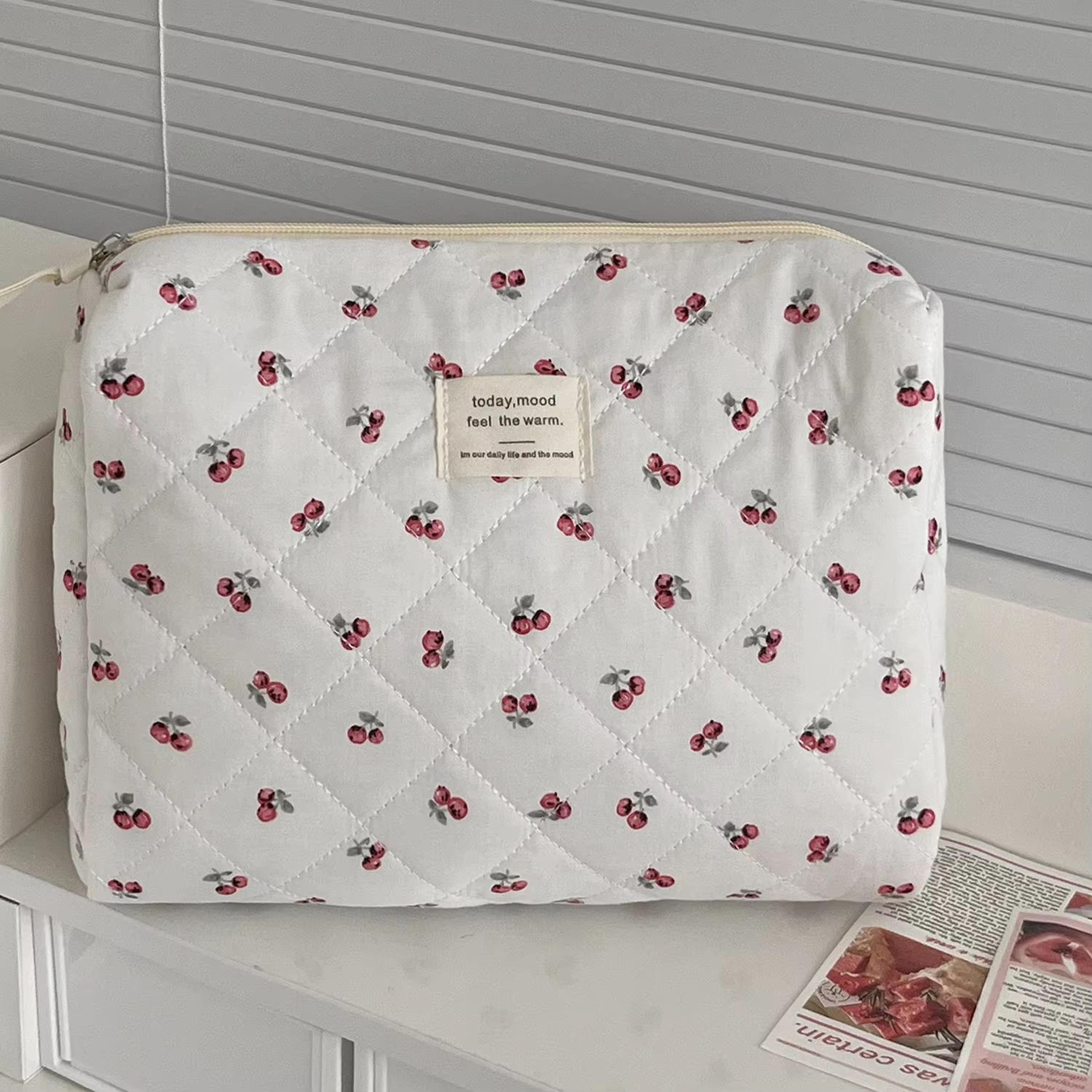 Cherry Quilted Makeup Bag Portable Cosmetic Travel Pouch 3