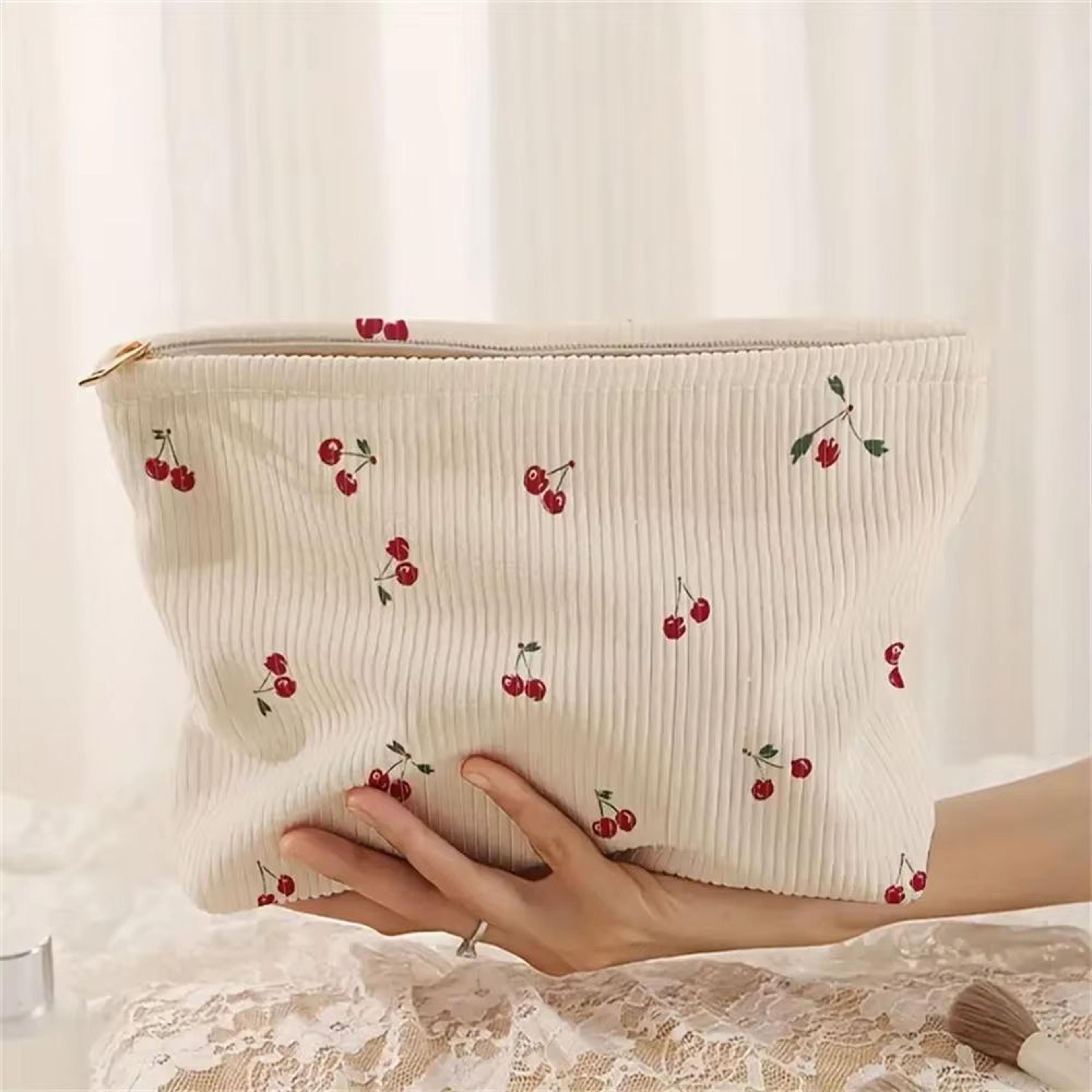 Cherry Printed Corduroy Makeup Bag Lightweight Cosmetic Organizer With Lining 6