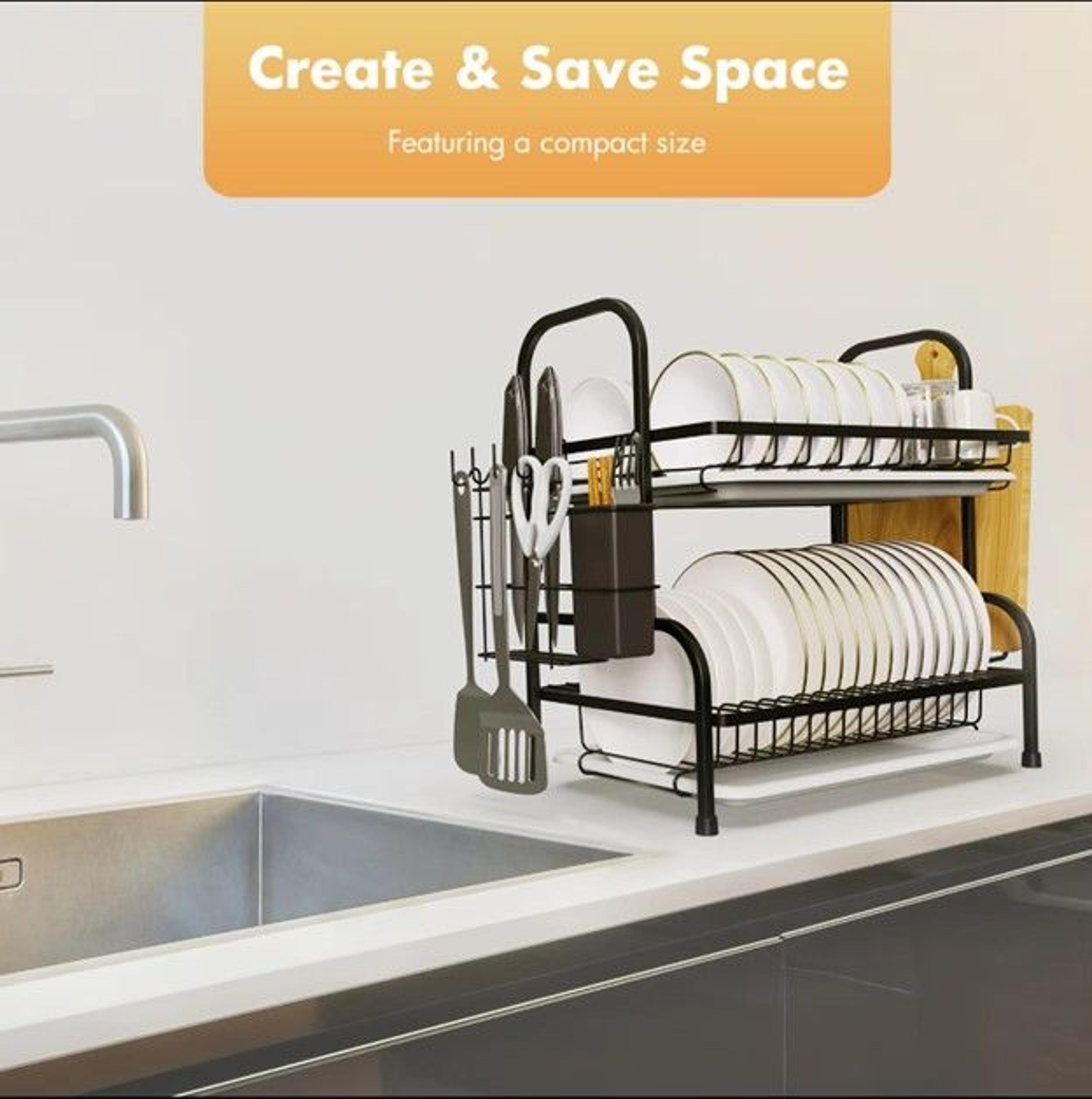 2 Tier Dish Drying Rack With Drainboard Compact Kitchen Counter Dish Rack With Utensil Holder 3