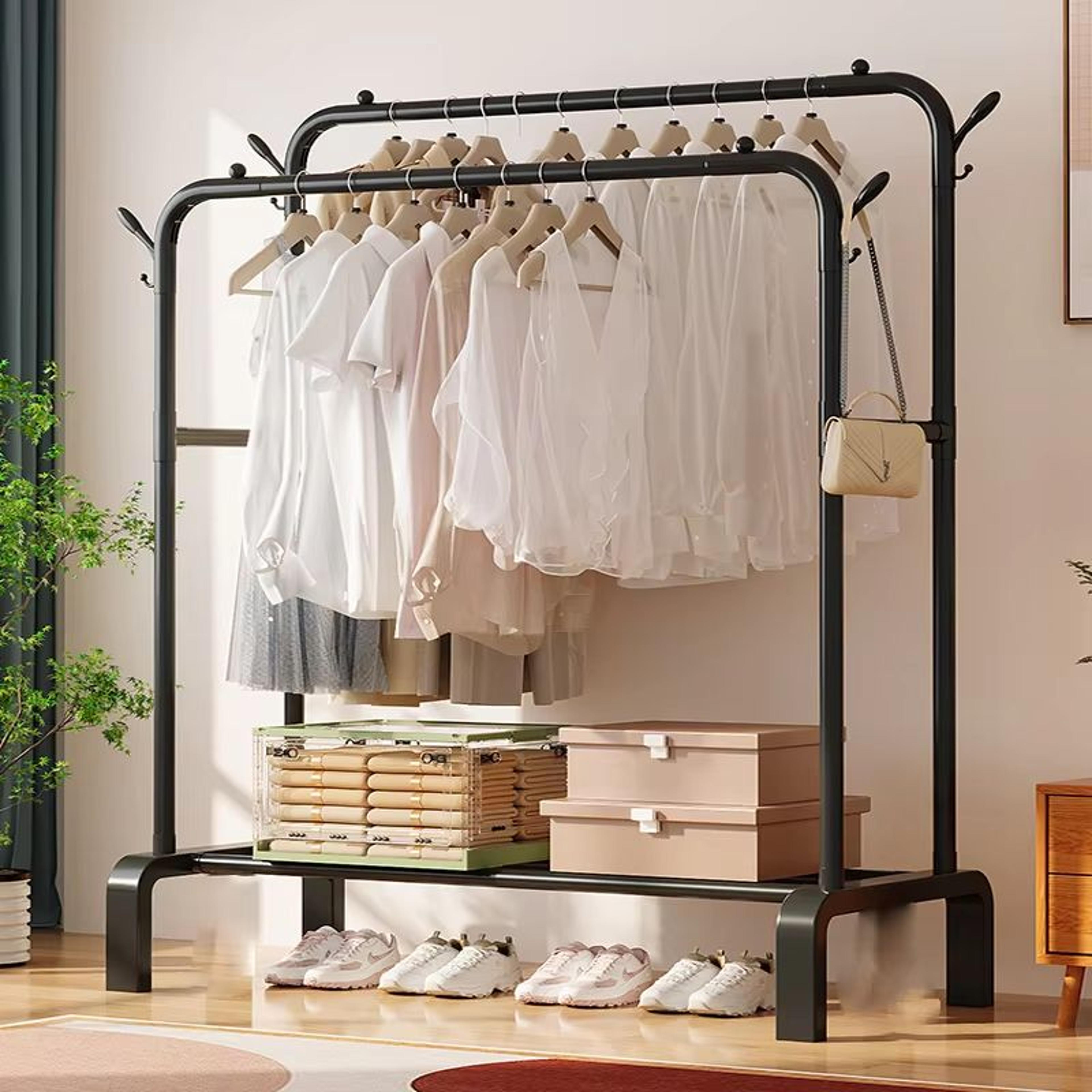 Heavy Duty Double Rod Clothes Rack With Shelves Metal Garment Rack Closet Organizer 2