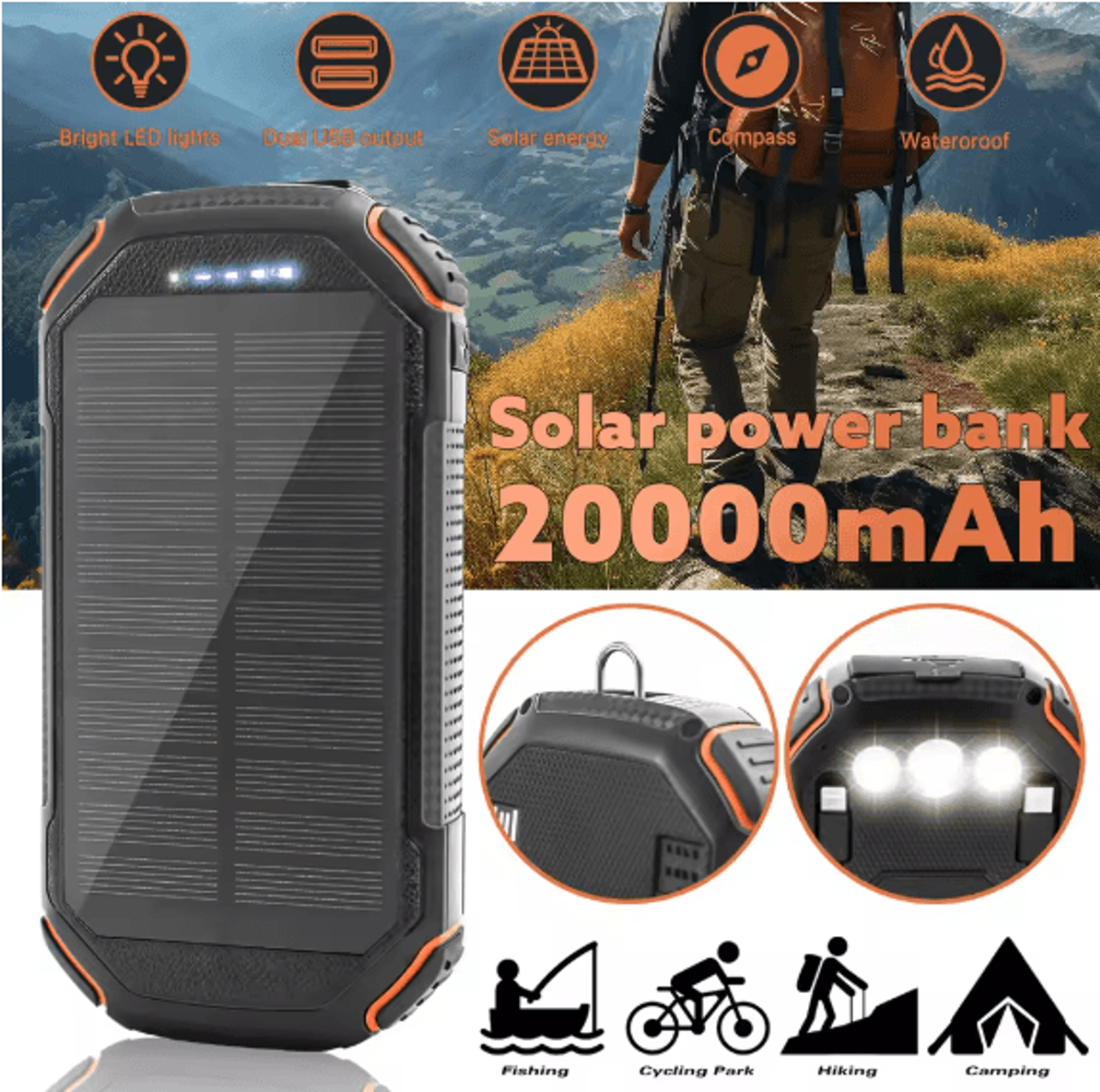36000mAh Solar Power Bank With Wireless Charging PD 18W Fast Charge Portable Charger With Builtin C 2