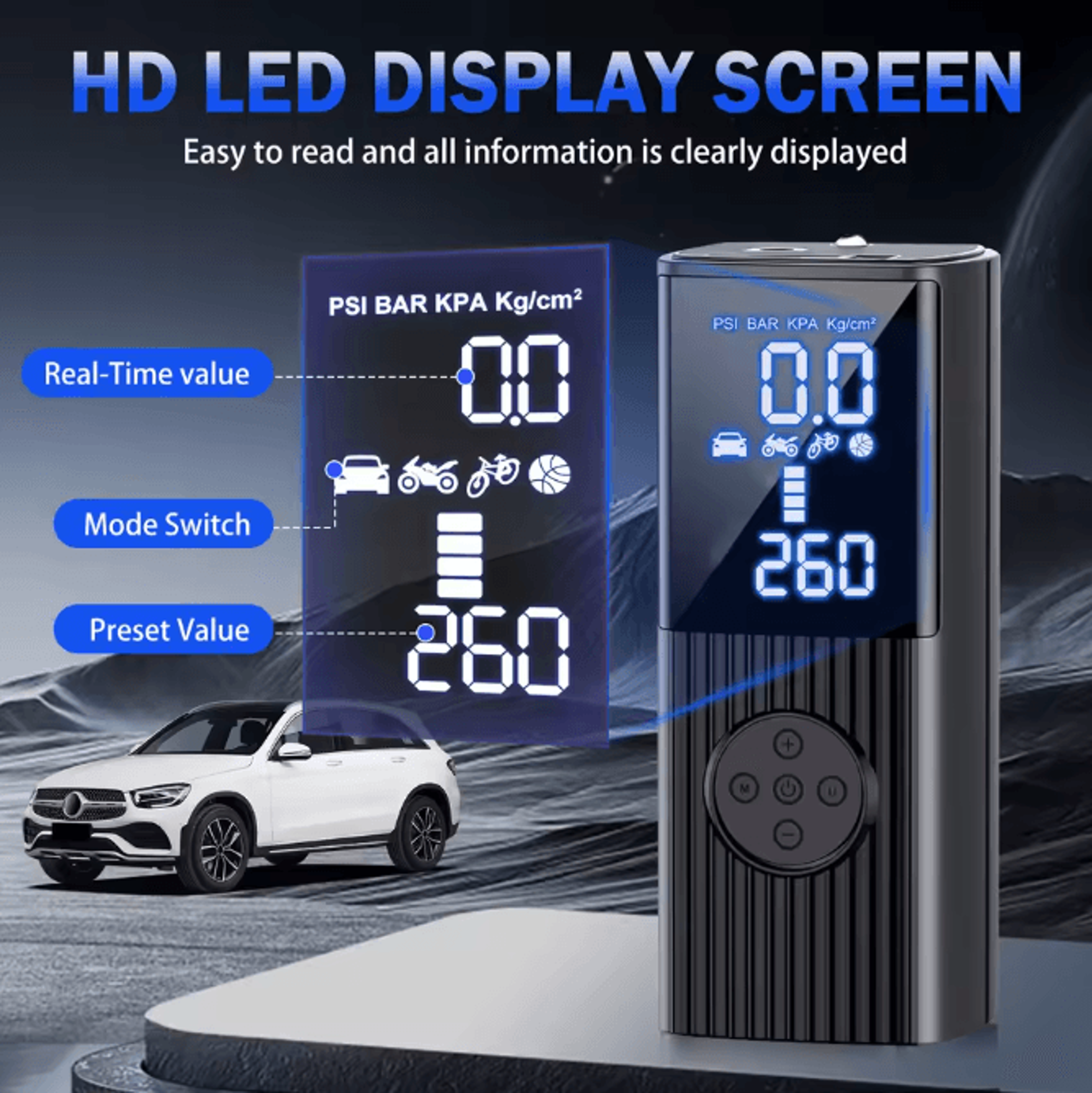 Portable 12V High Power Car Tire Inflator With Digital Gauge LED Light And Power Bank 3