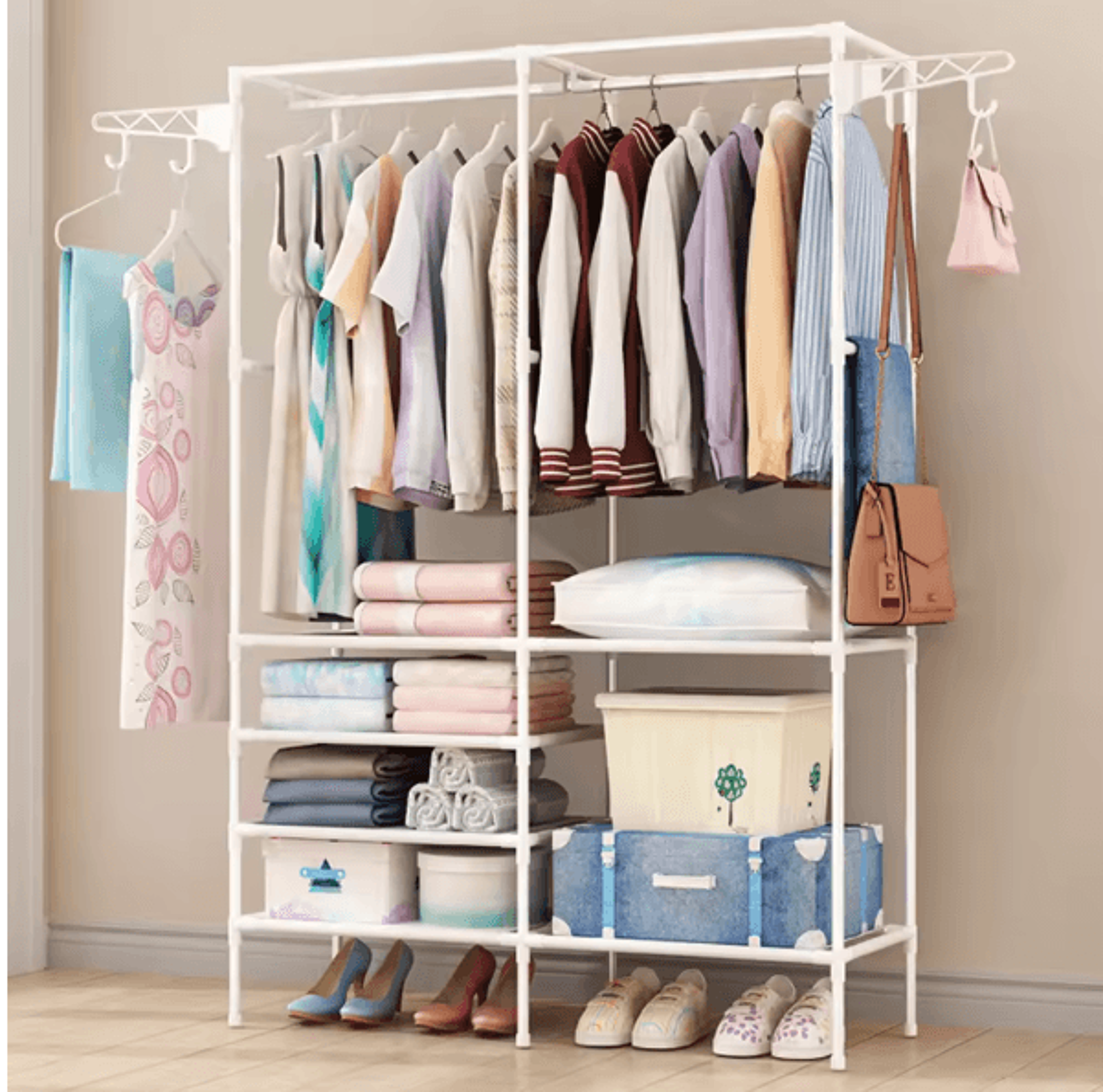 Freestanding Metal Garment Rack With Shelves And Shoe Organizer Storage For Bedroom Closet 0