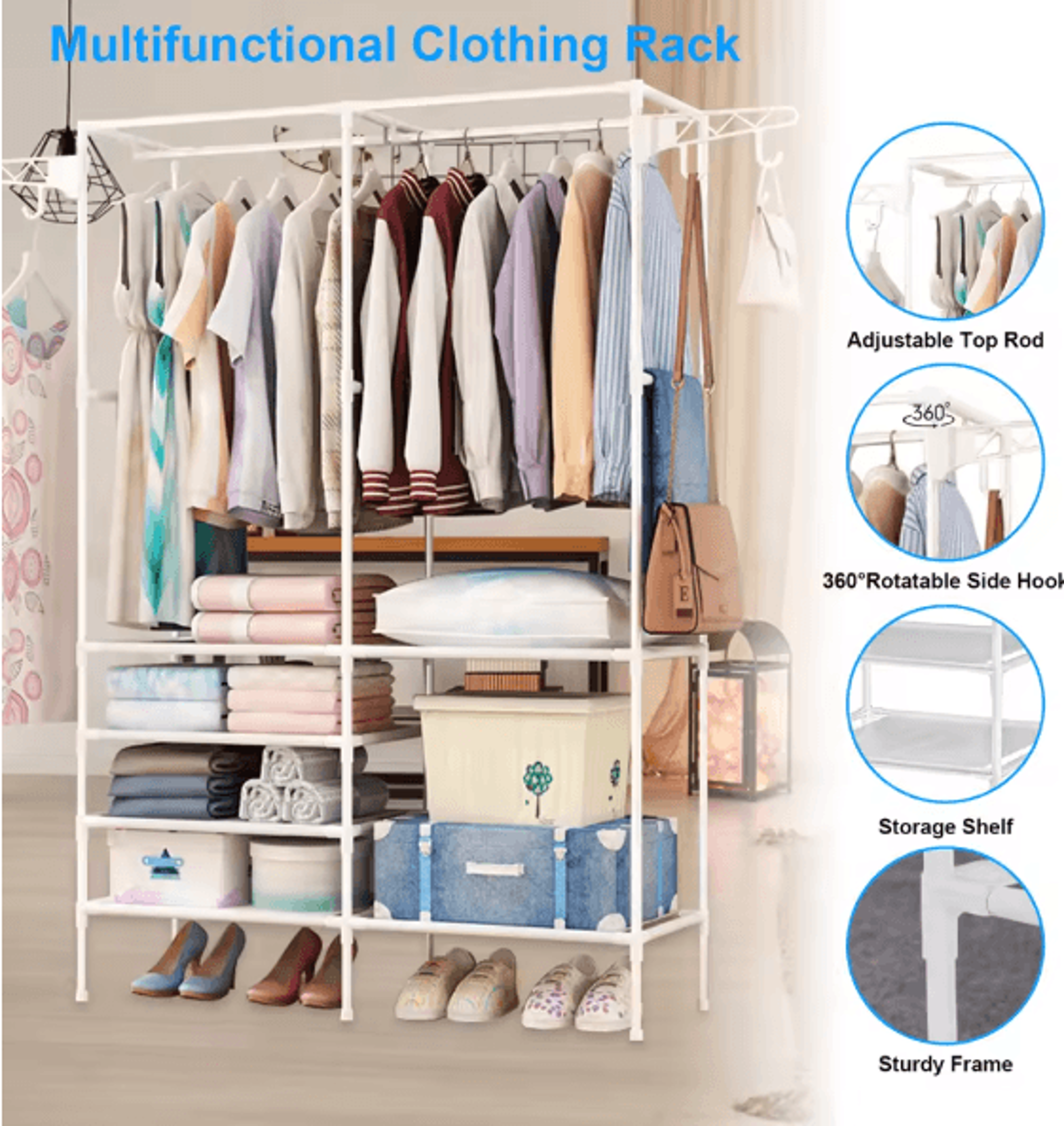 Freestanding Metal Garment Rack With Shelves And Shoe Organizer Storage For Bedroom Closet 1