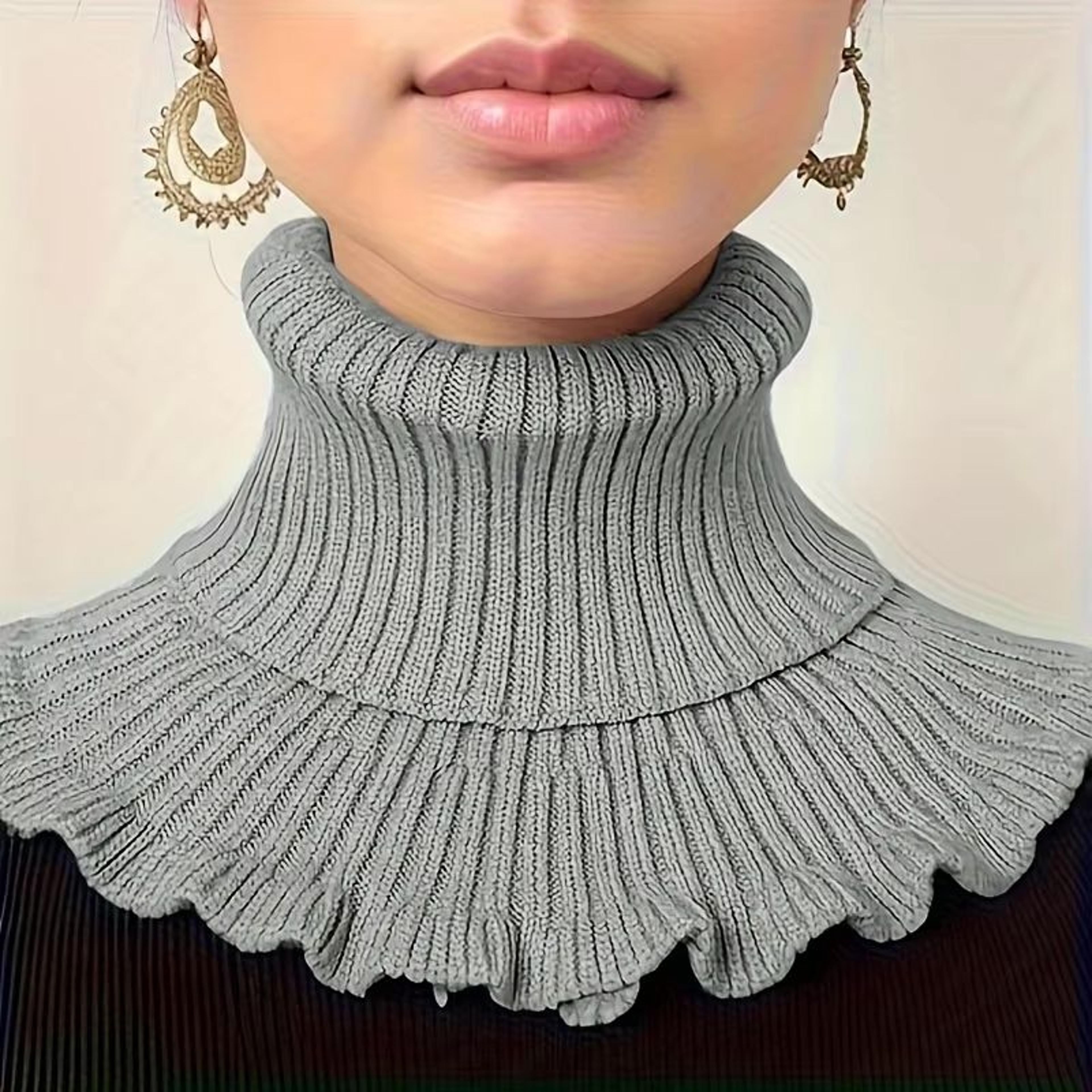Black And White Knitted Neck Scarf For Women  Soft Thick Warm False Turtleneck With Elegant Ruffle  1
