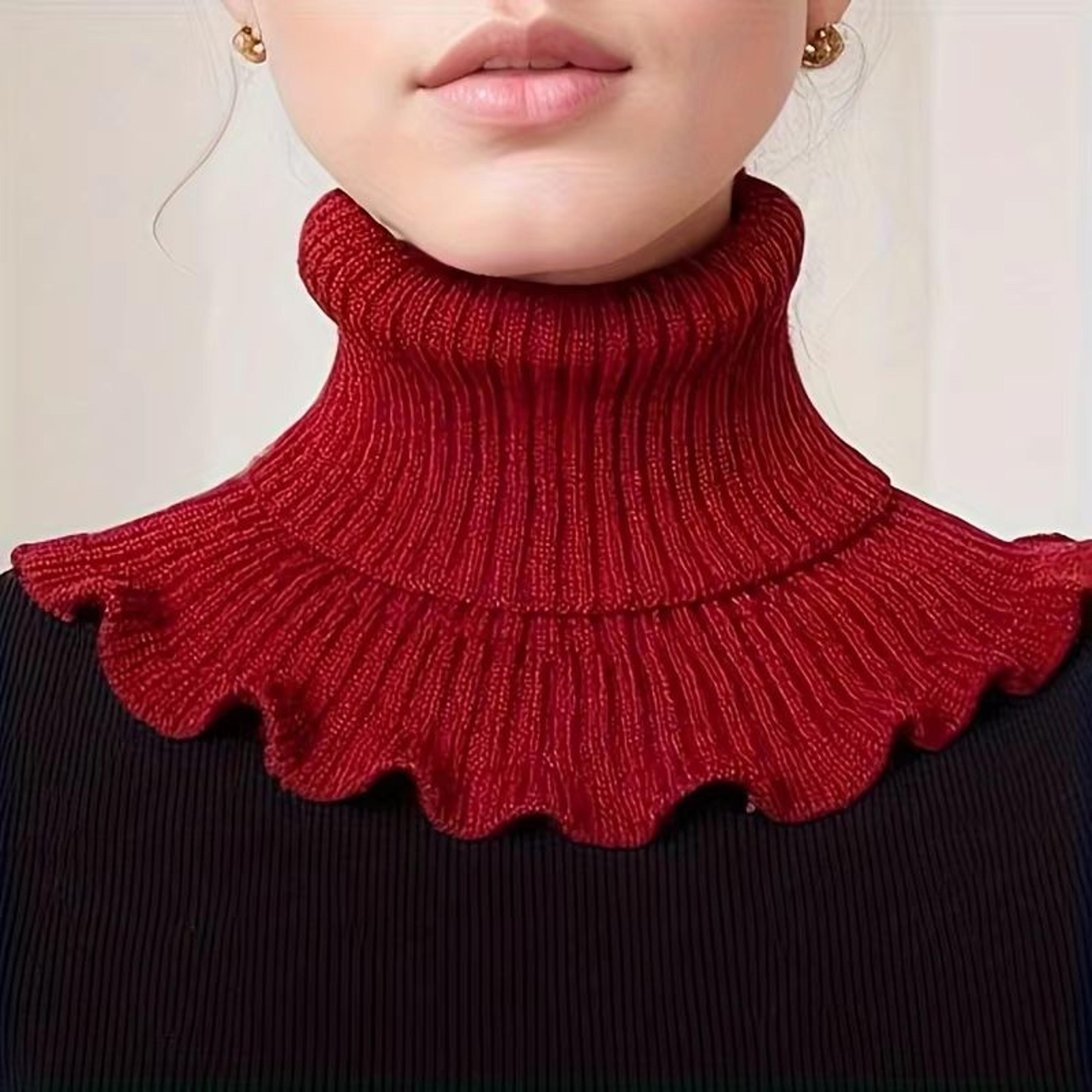 Black And White Knitted Neck Scarf For Women  Soft Thick Warm False Turtleneck With Elegant Ruffle  4