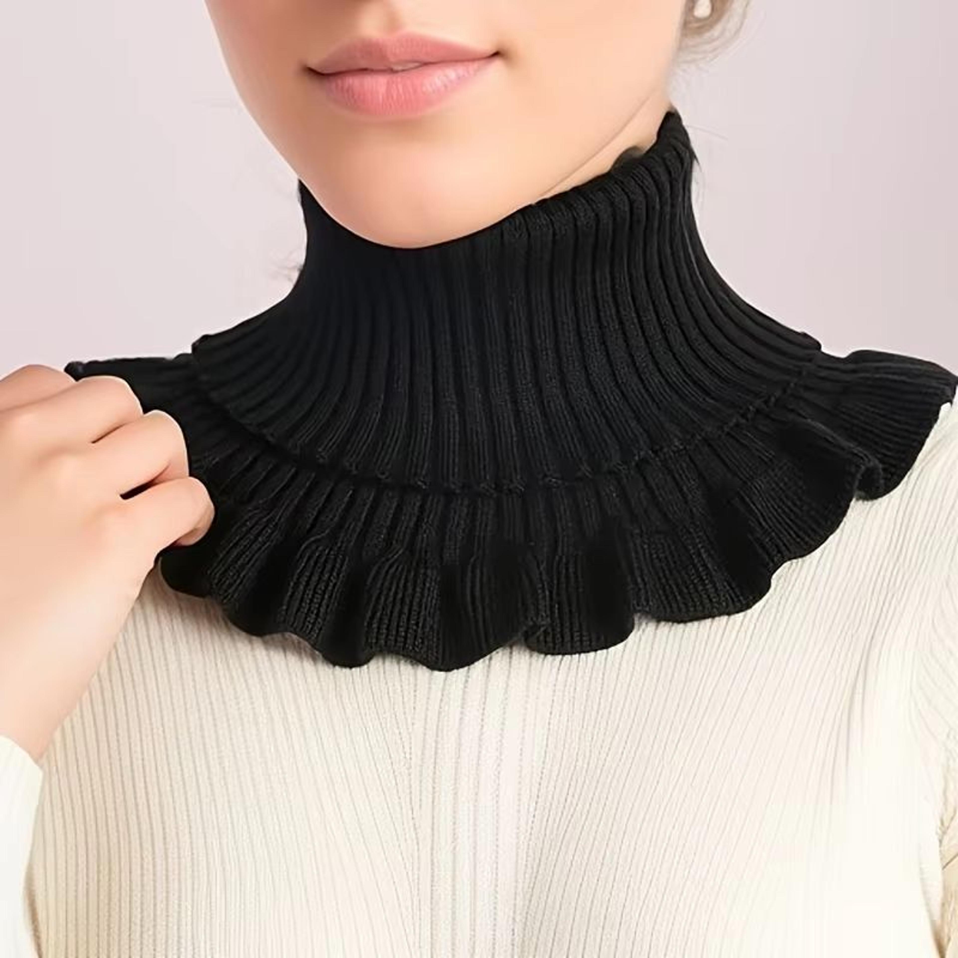 Black And White Knitted Neck Scarf For Women  Soft Thick Warm False Turtleneck With Elegant Ruffle  7