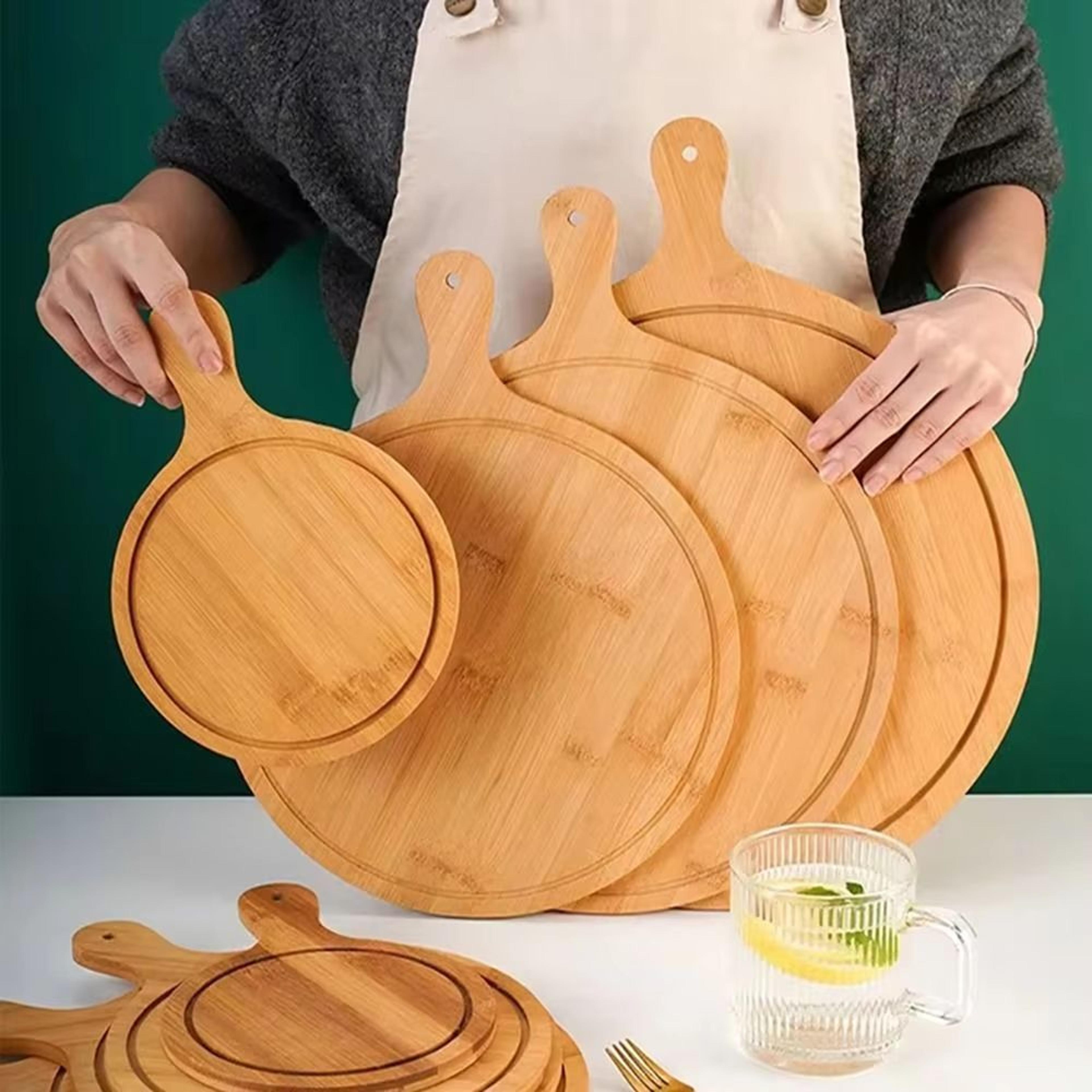 Round Bamboo Pizza Board With Handle 610in MultiUse Serving  Cutting Tray 0