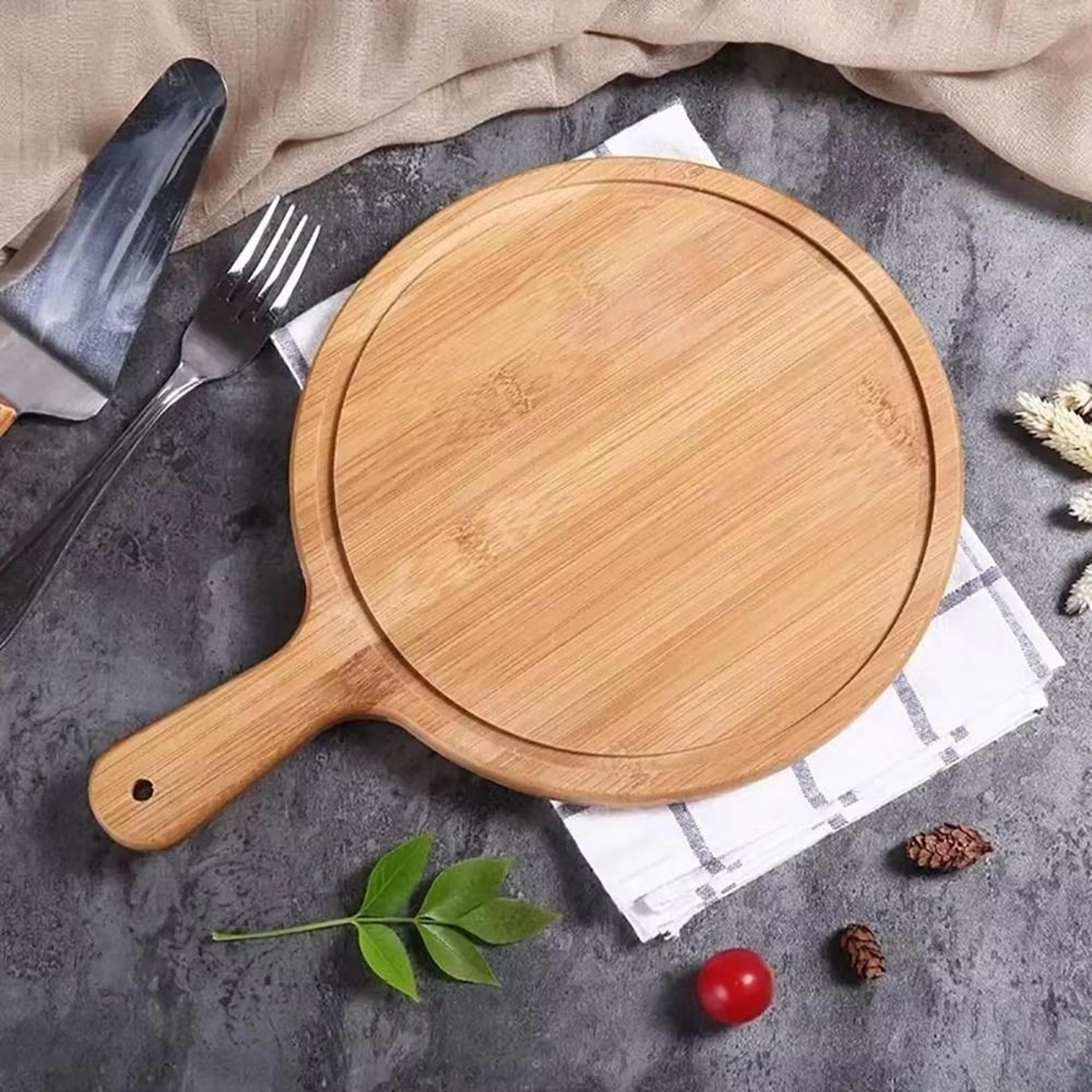 Round Bamboo Pizza Board With Handle 610in MultiUse Serving  Cutting Tray 1