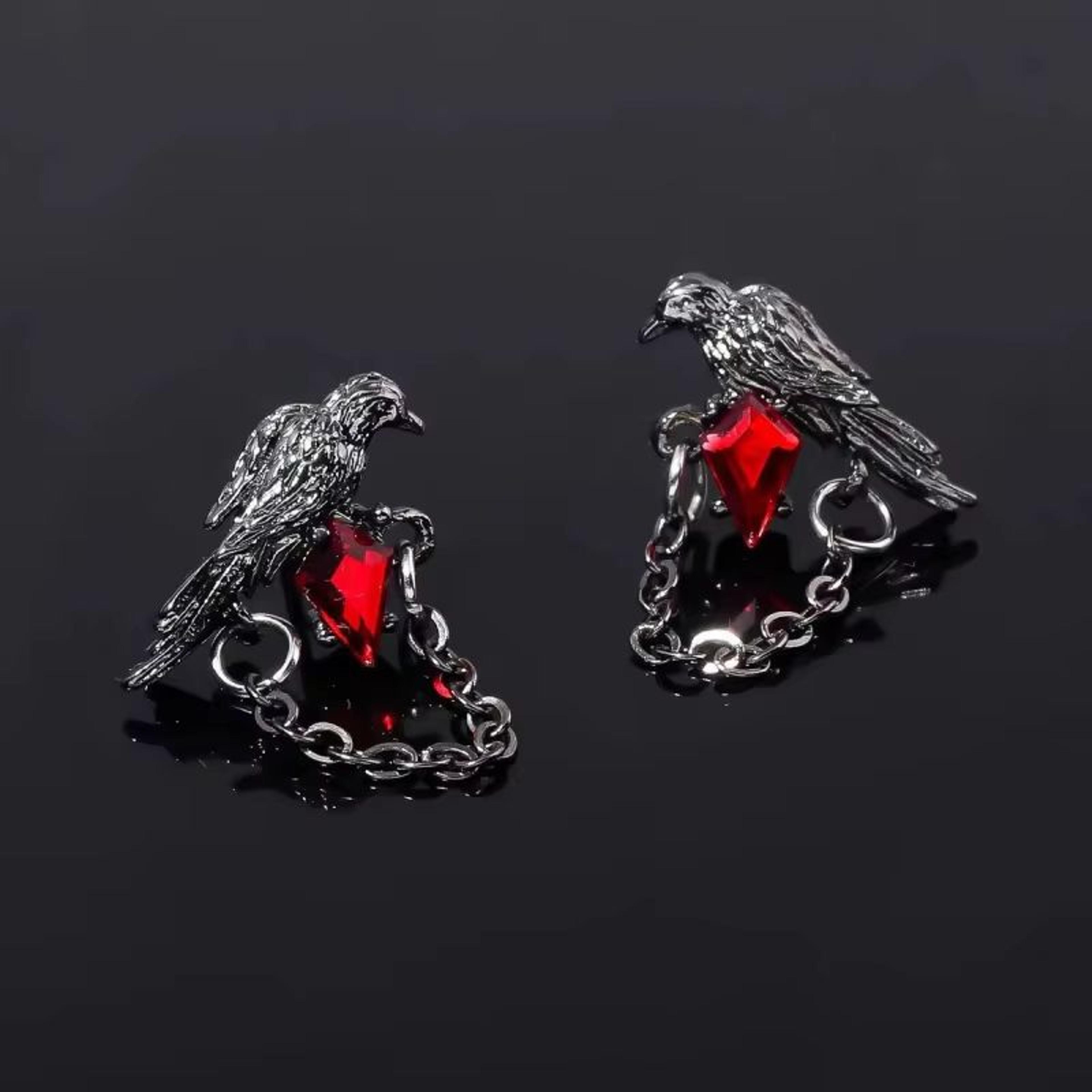 Red And Black Crow Earrings Vintage Dark Style Pair 1