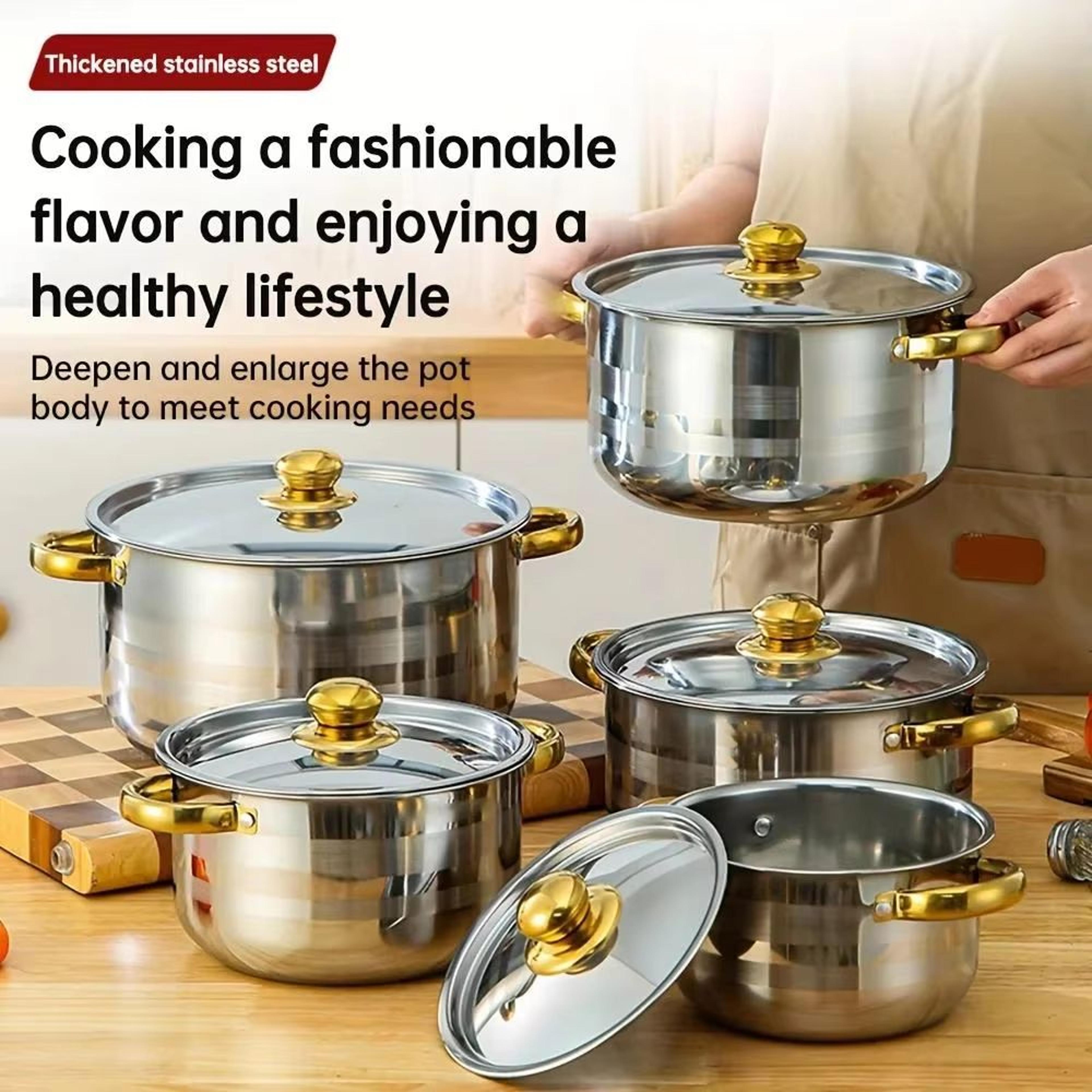 5-piece golden stainless steel cookware set – non-stick, scratch-resistant, dishwasher-safe pots and pans