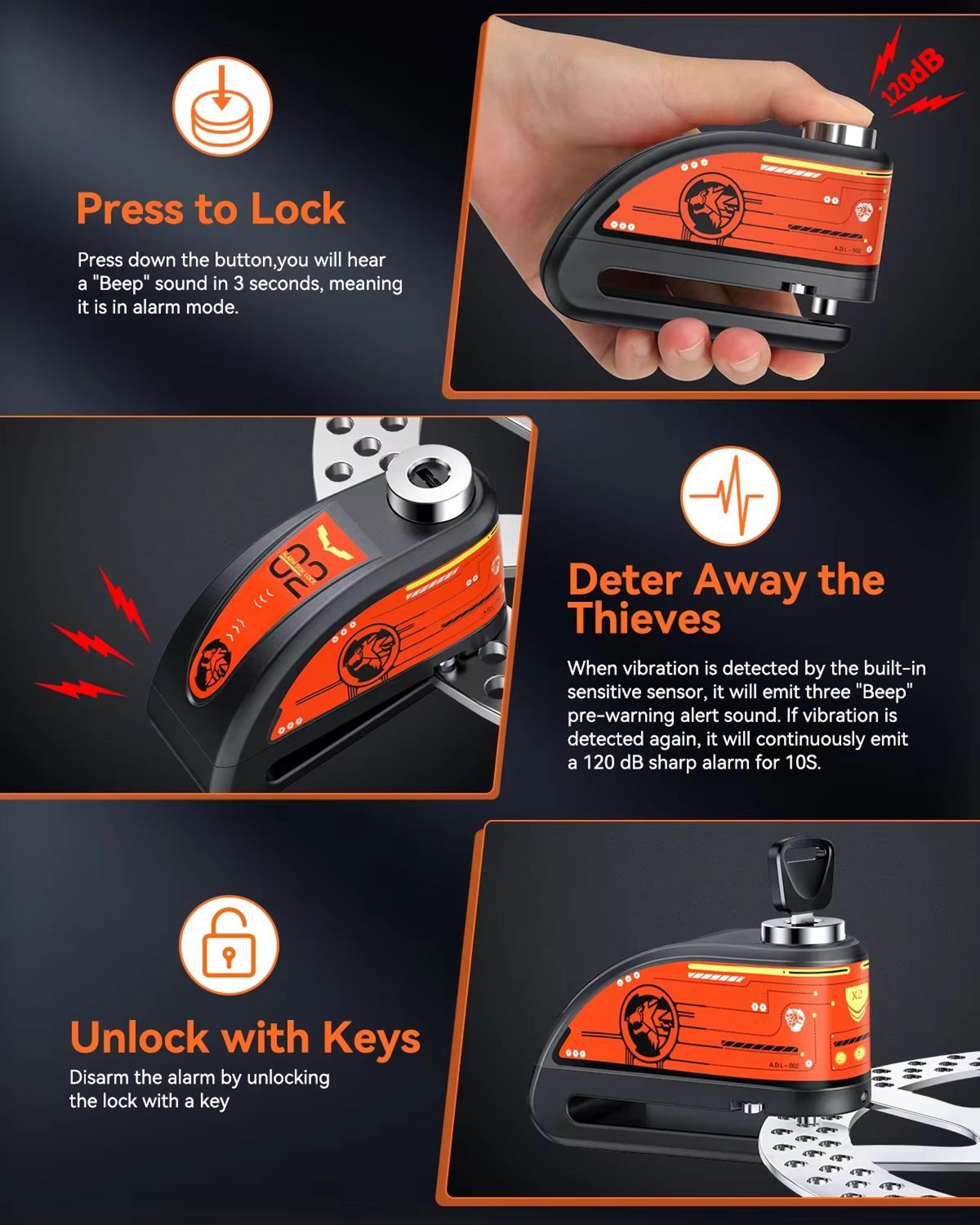 Anti Theft Motorcycle Disc Brake Lock With 120dB Alarm Waterproof Security 5