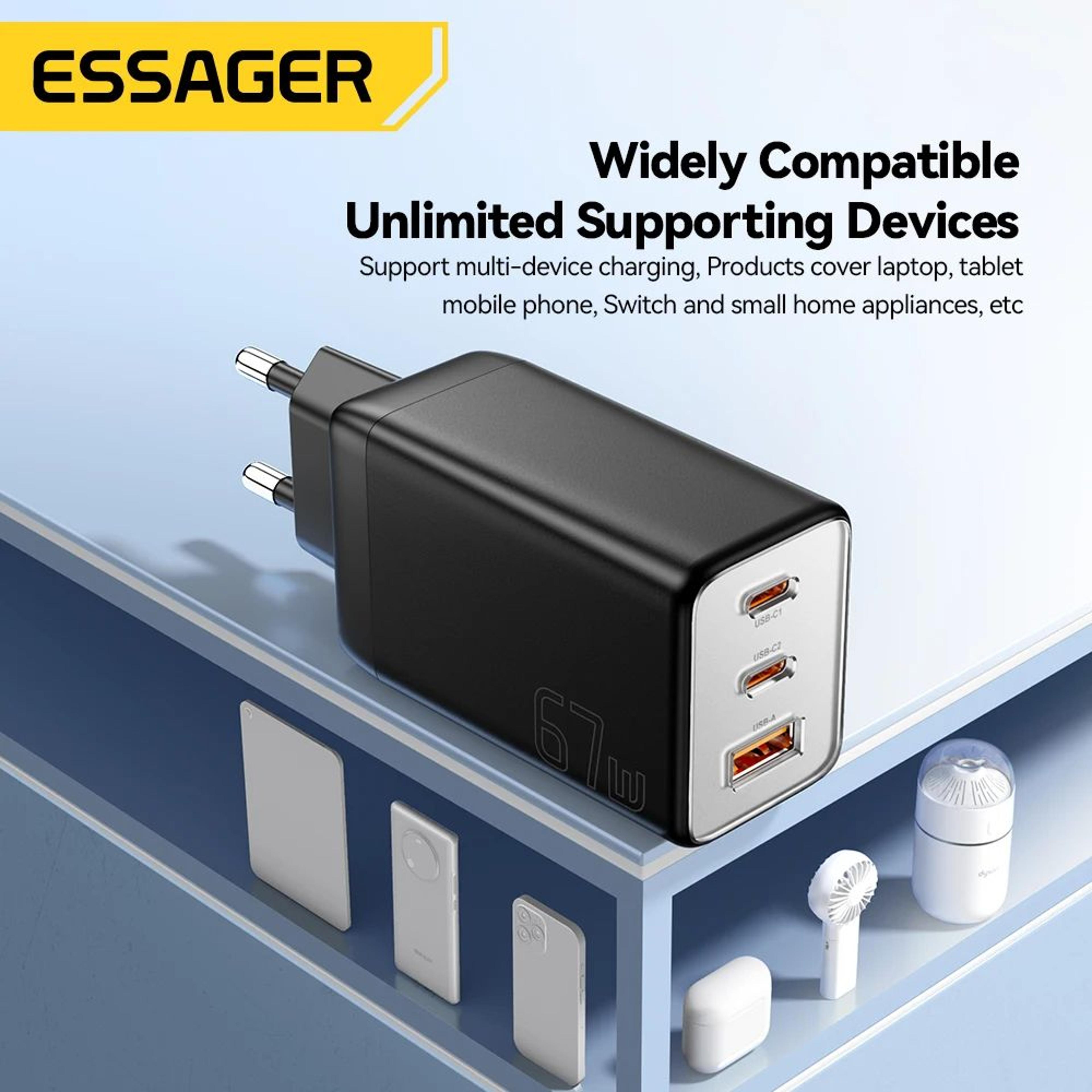 Essager 67W GaN Fast USBC Charger PD 30 QC 30 Compact Power Adapter 3