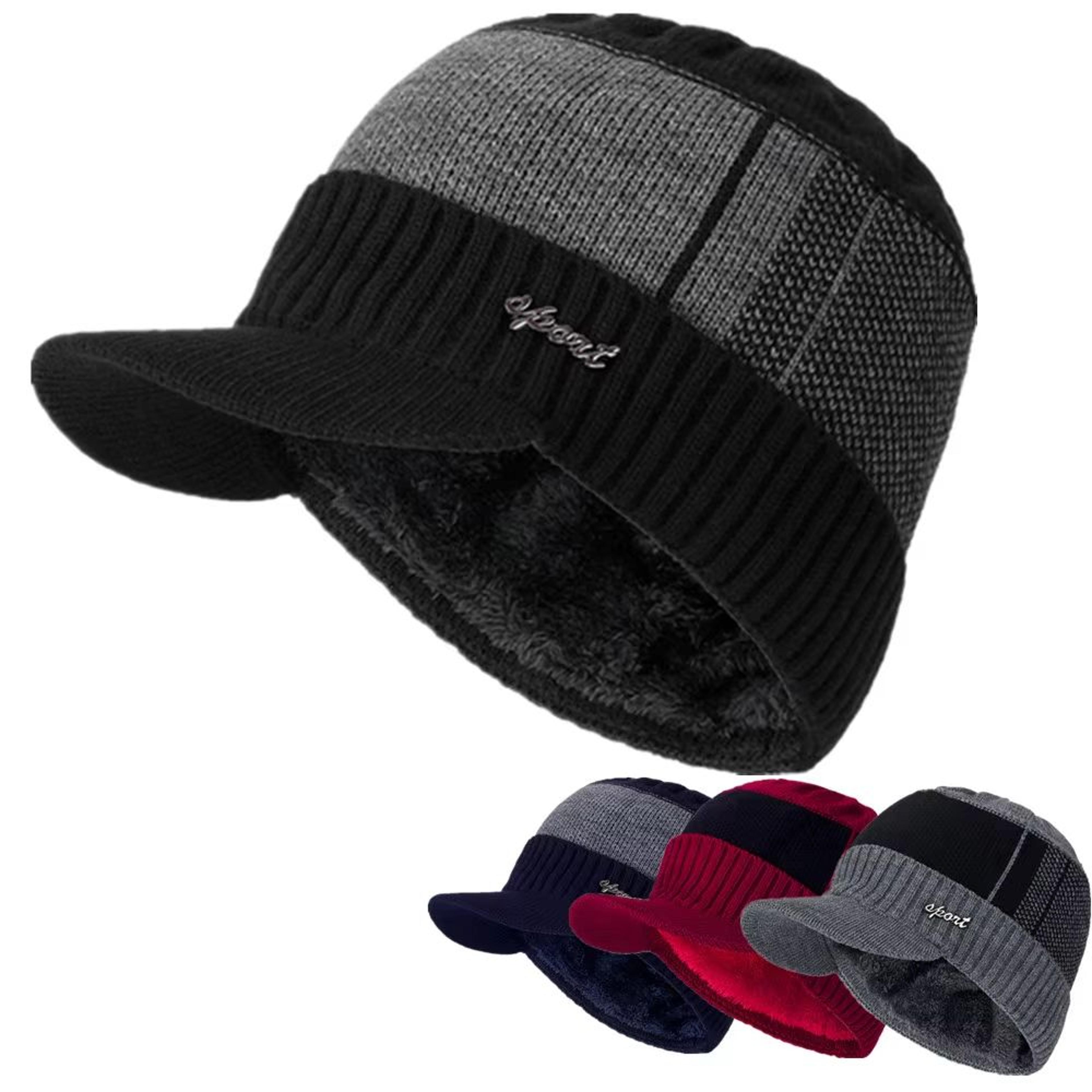 Unisex Fur Lined Beanie Hat With Brim Thick Warm Knit Winter Cap 0